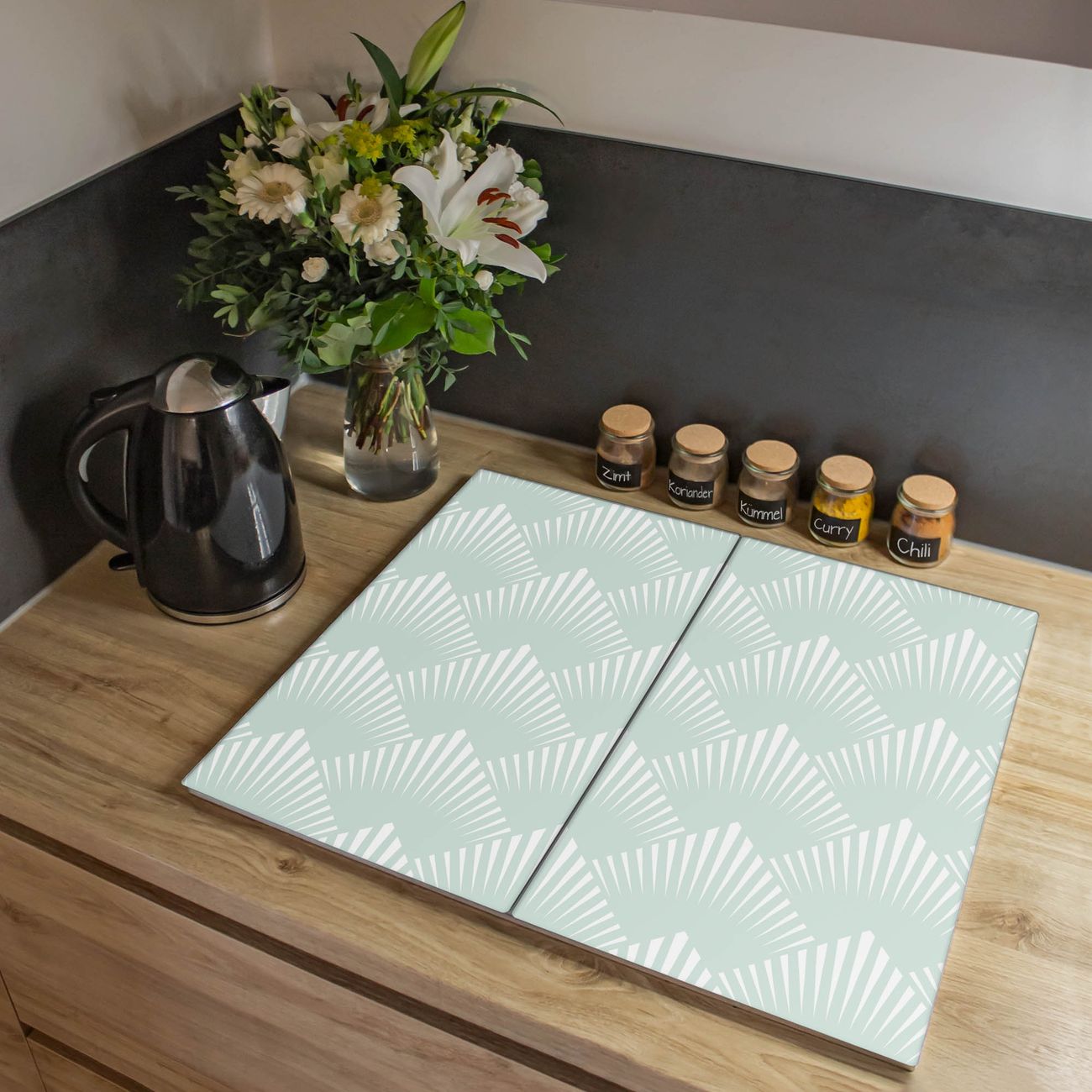 Herdabdeckplatte aus Glas Spritzschutz Herdabdeckung zweiteilig je 30x52cm mit Motiv Strahlen Mint Glasabdeckung Schneidebrett Glasabdeckung Ceranfeld