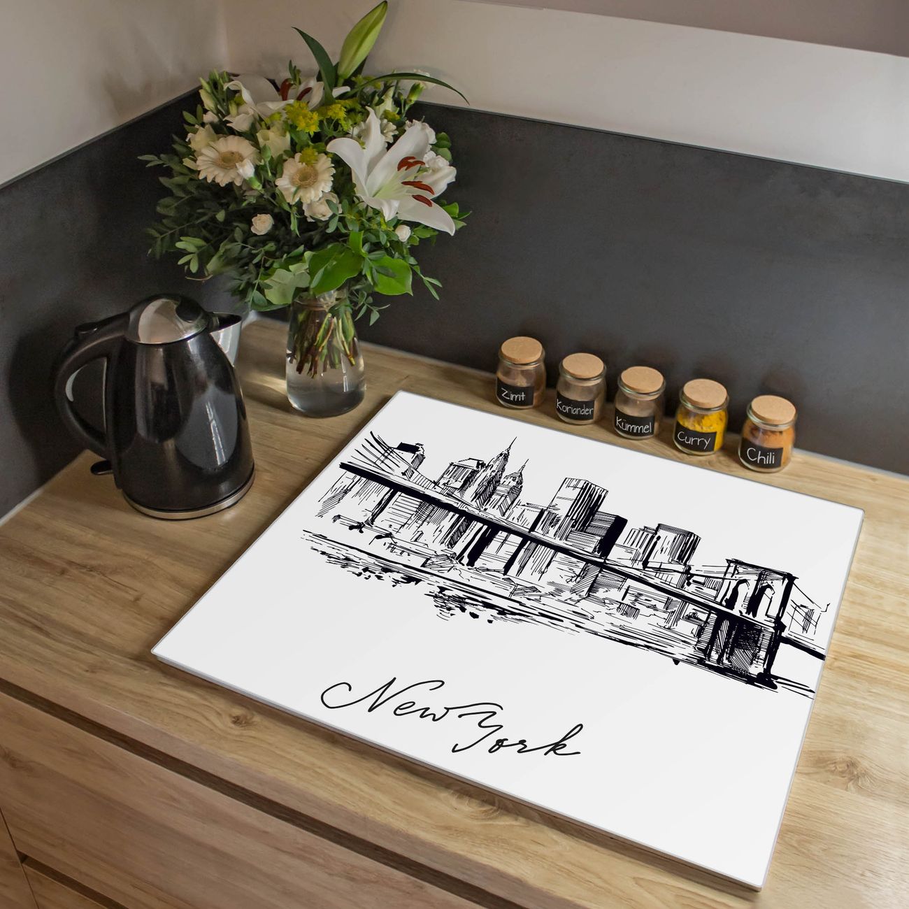Herdabdeckplatte aus Glas Spritzschutz Herdabdeckung einteilig 60x52cm mit Motiv New York Skizze Glasabdeckung Schneidebrett Glasabdeckung Ceranfeld