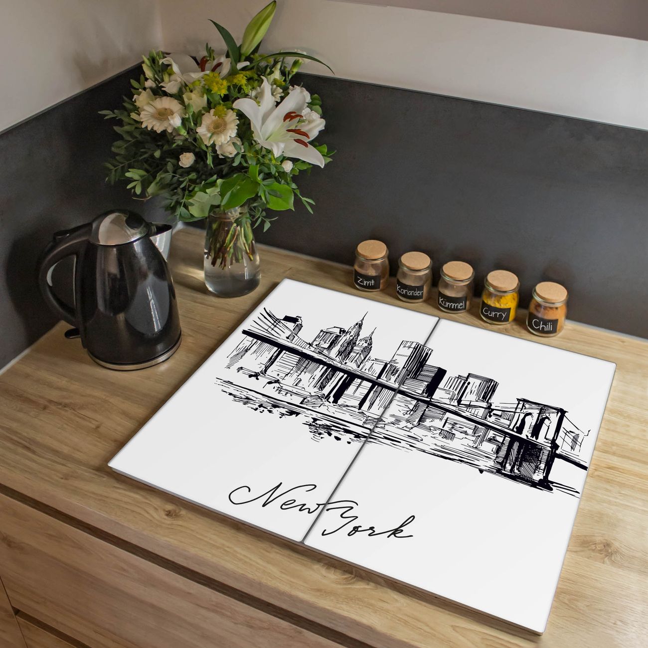 Herdabdeckplatte aus Glas Spritzschutz Herdabdeckung zweiteilig je 30x52cm mit Motiv New York Skizze Glasabdeckung Schneidebrett Glasabdeckung Ceranfeld