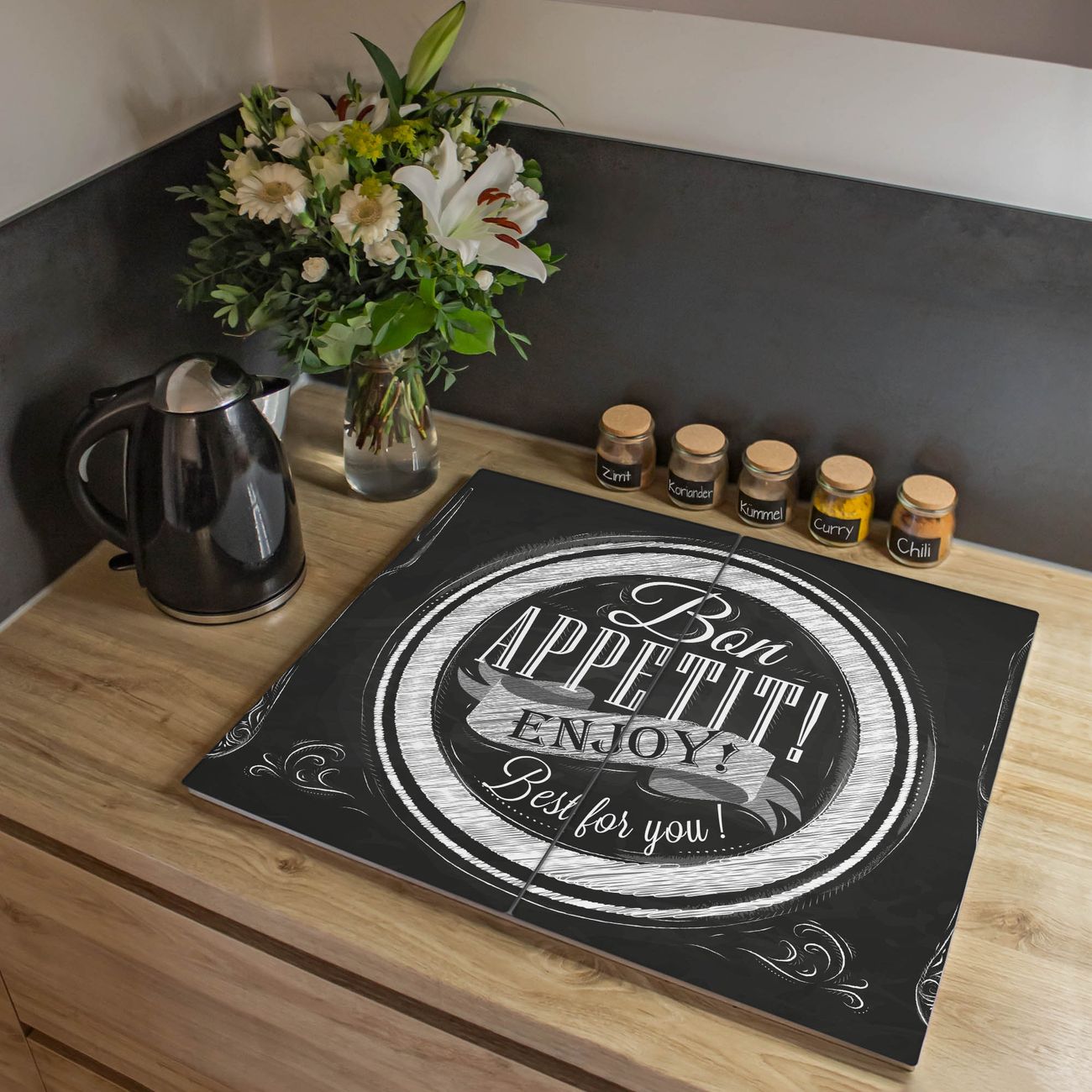 Herdabdeckplatte aus Glas Spritzschutz Herdabdeckung zweiteilig je 30x52cm mit Motiv Bon Appetit Glasabdeckung Schneidebrett Glasabdeckung Ceranfeld