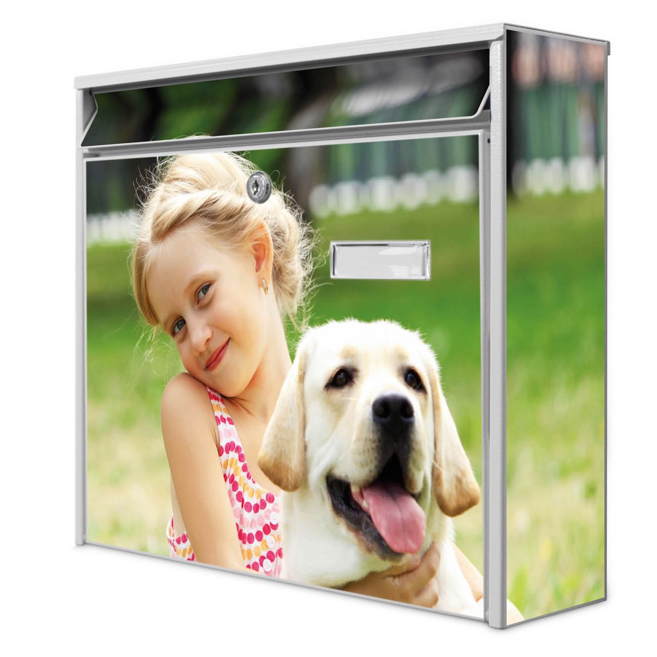 banjado Burg Wächter Briefkasten, Wandbriefkasten Modell Mail, weiß verzinkt und lackiertes Stahlblech 36x32x10cm BxHxT, Motiv Eigenes Bild