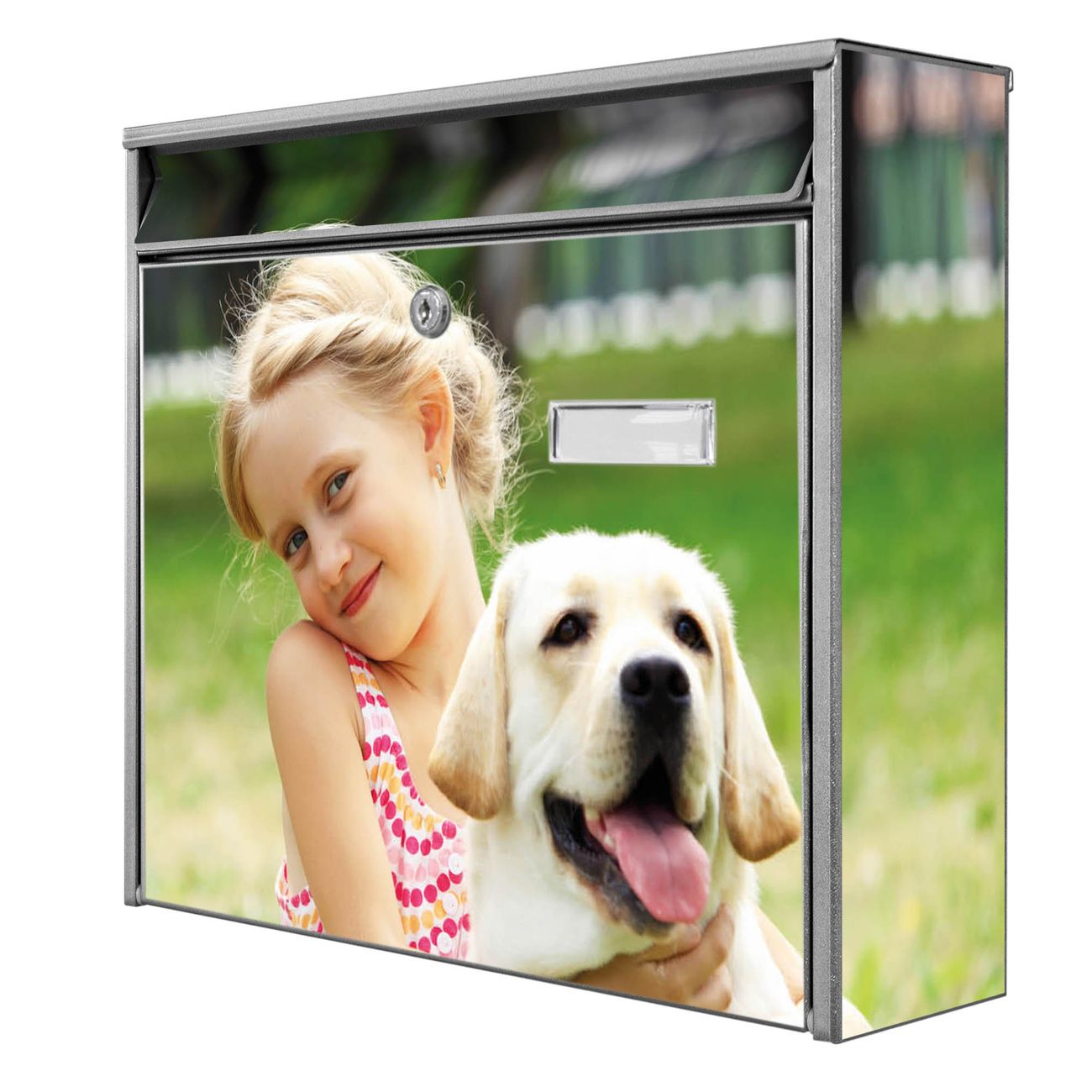 banjado Burg Wächter Briefkasten, Wandbriefkasten Modell Mail, silber verzinkt und lackiertes Stahlblech 36x32x10cm BxHxT, Motiv Eigenes Bild