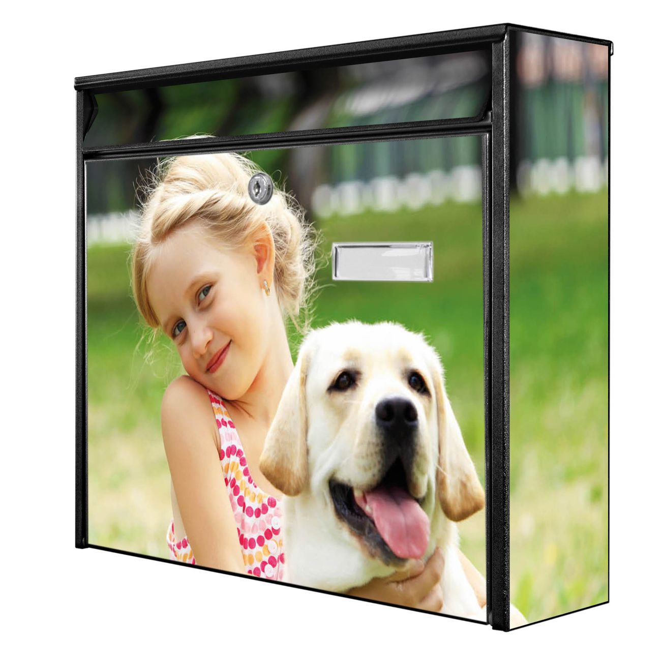 banjado Burg Wächter Briefkasten, Wandbriefkasten Modell Mail, schwarz verzinkt und lackiertes Stahlblech 36x32x10cm BxHxT, Motiv Eigenes Bild