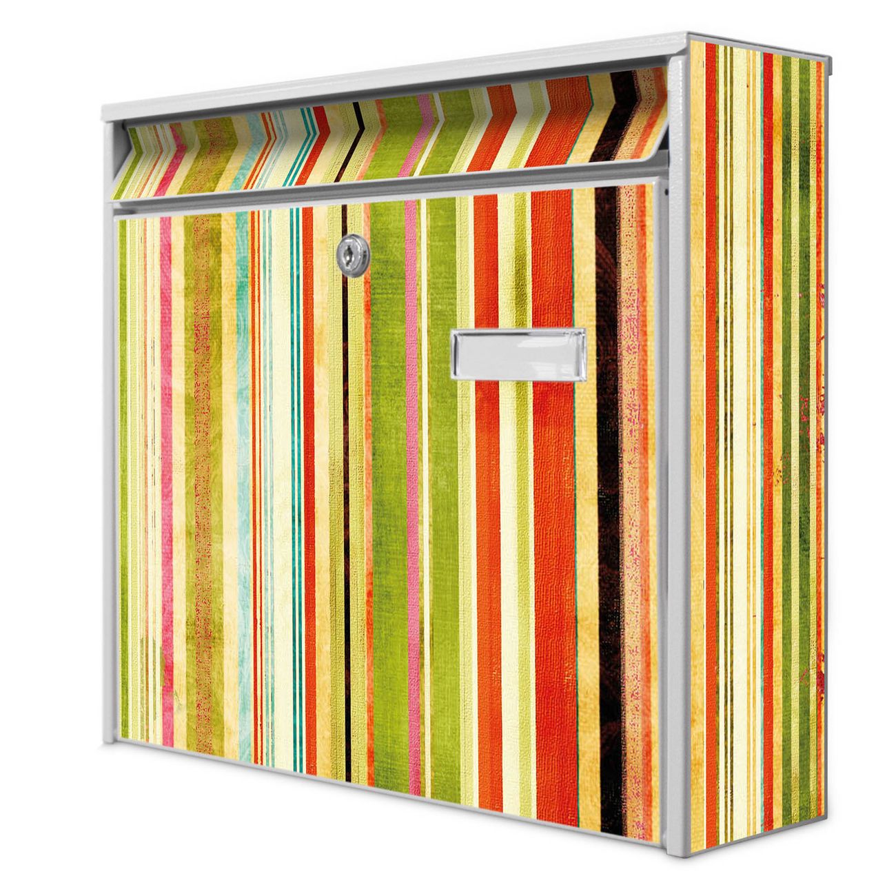 banjado Burg Wächter Briefkasten, Wandbriefkasten Modell Mail, weiß verzinkt und lackiertes Stahlblech 36x32x10cm BxHxT, Motiv Streifen