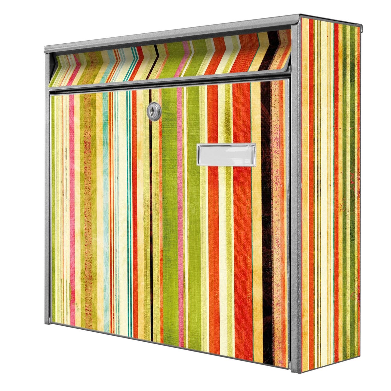 banjado Burg Wächter Briefkasten, Wandbriefkasten Modell Mail, silber verzinkt und lackiertes Stahlblech 36x32x10cm BxHxT, Motiv Streifen