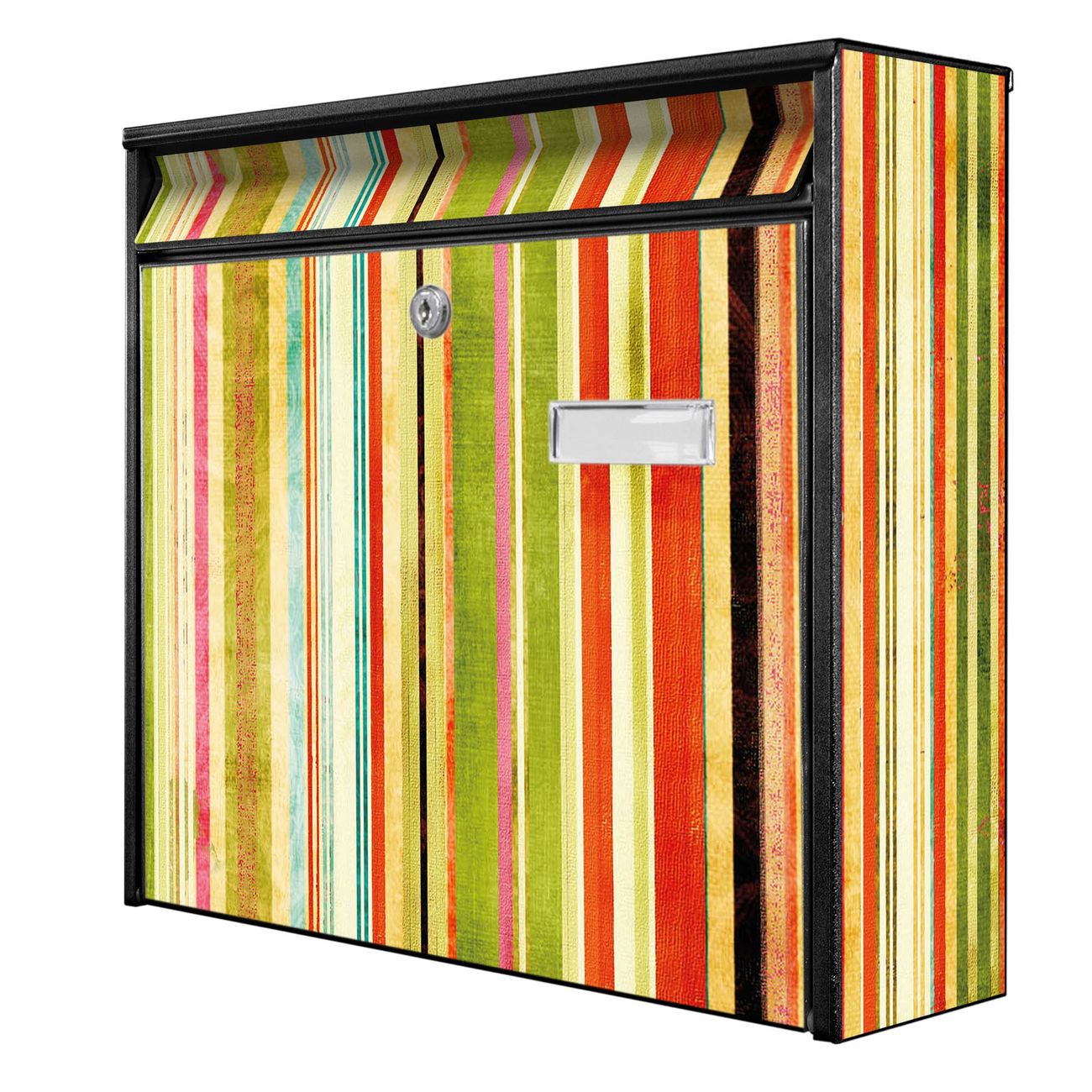 banjado Burg Wächter Briefkasten, Wandbriefkasten Modell Mail, schwarz verzinkt und lackiertes Stahlblech 36x32x10cm BxHxT, Motiv Streifen