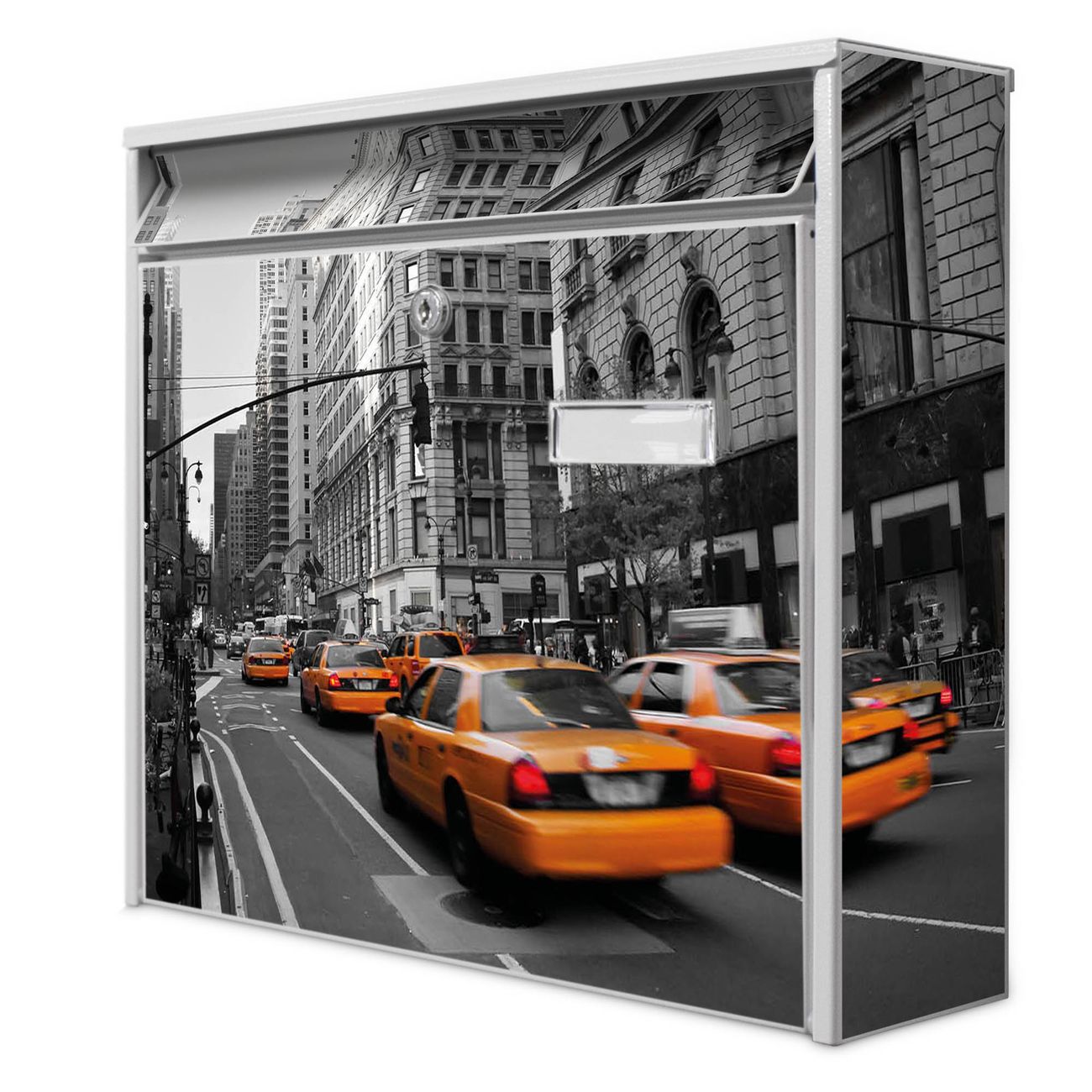 banjado Burg Wächter Briefkasten, Wandbriefkasten Modell Mail, weiß verzinkt und lackiertes Stahlblech 36x32x10cm BxHxT, Motiv New York Taxi