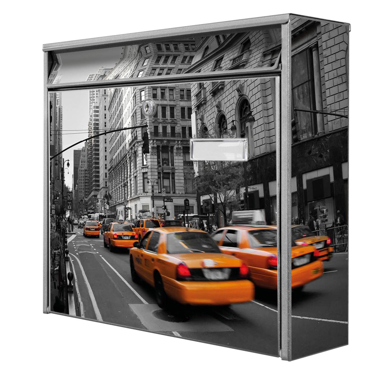banjado Burg Wächter Briefkasten, Wandbriefkasten Modell Mail, silber verzinkt und lackiertes Stahlblech 36x32x10cm BxHxT, Motiv New York Taxi