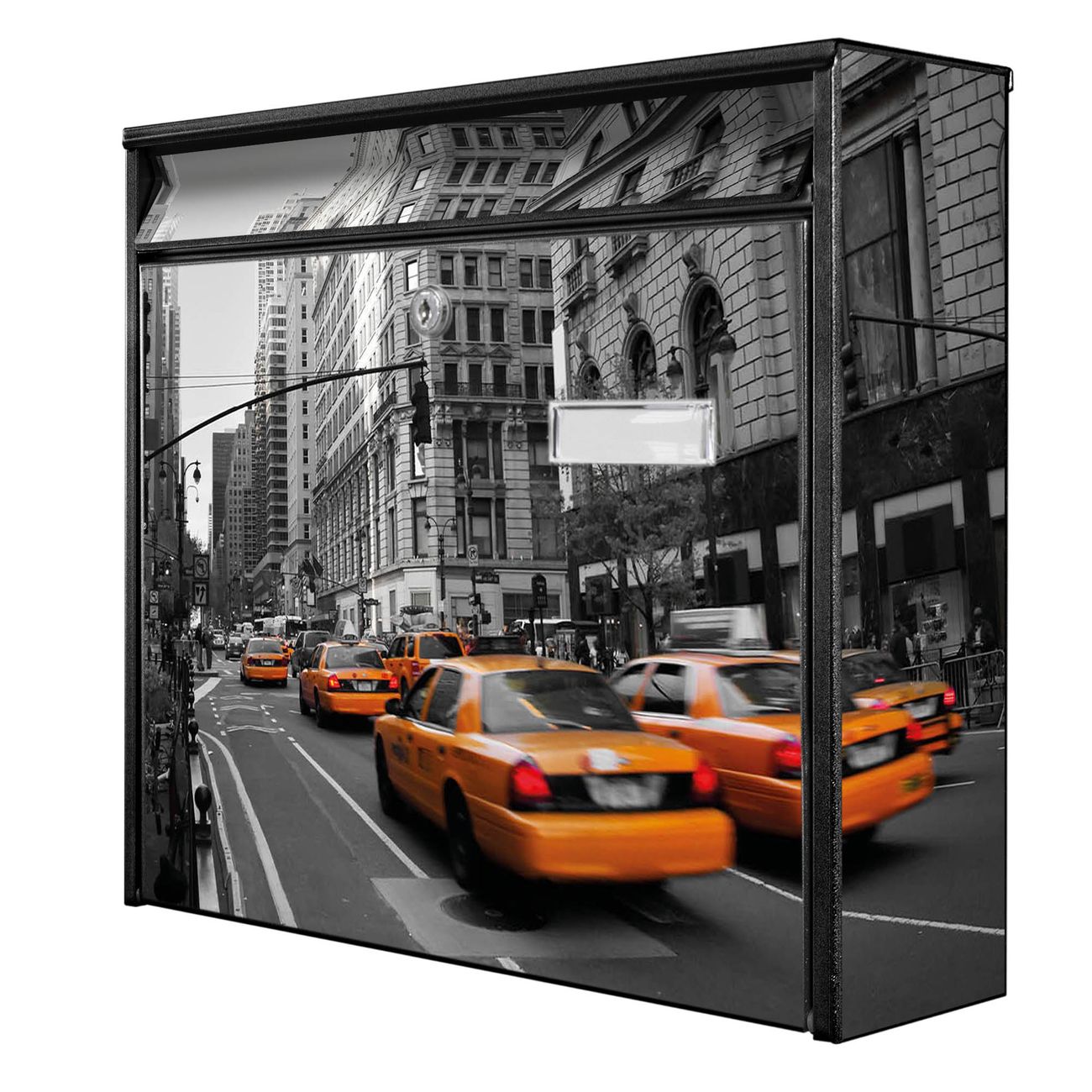 banjado Burg Wächter Briefkasten, Wandbriefkasten Modell Mail, schwarz verzinkt und lackiertes Stahlblech 36x32x10cm BxHxT, Motiv New York Taxi