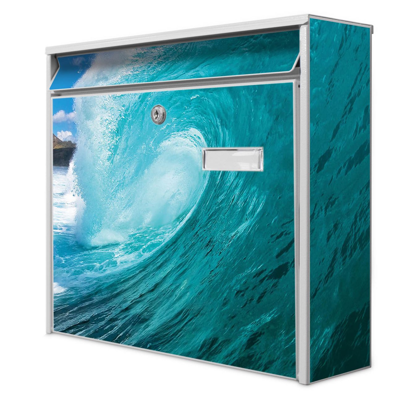 banjado Burg Wächter Briefkasten, Wandbriefkasten Modell Mail, weiß verzinkt und lackiertes Stahlblech 36x32x10cm BxHxT, Motiv Welle Meer