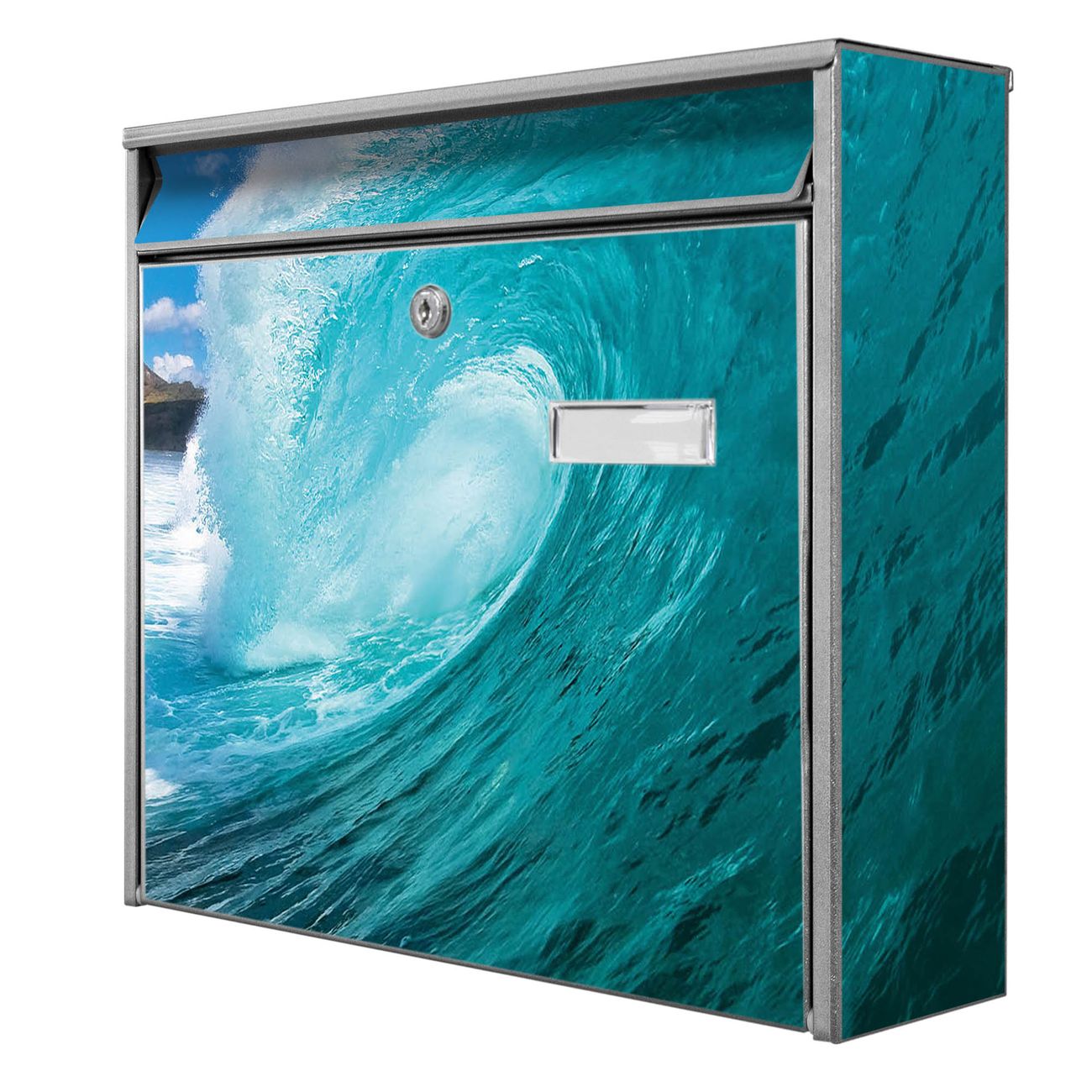banjado Burg Wächter Briefkasten, Wandbriefkasten Modell Mail, silber verzinkt und lackiertes Stahlblech 36x32x10cm BxHxT, Motiv Welle Meer