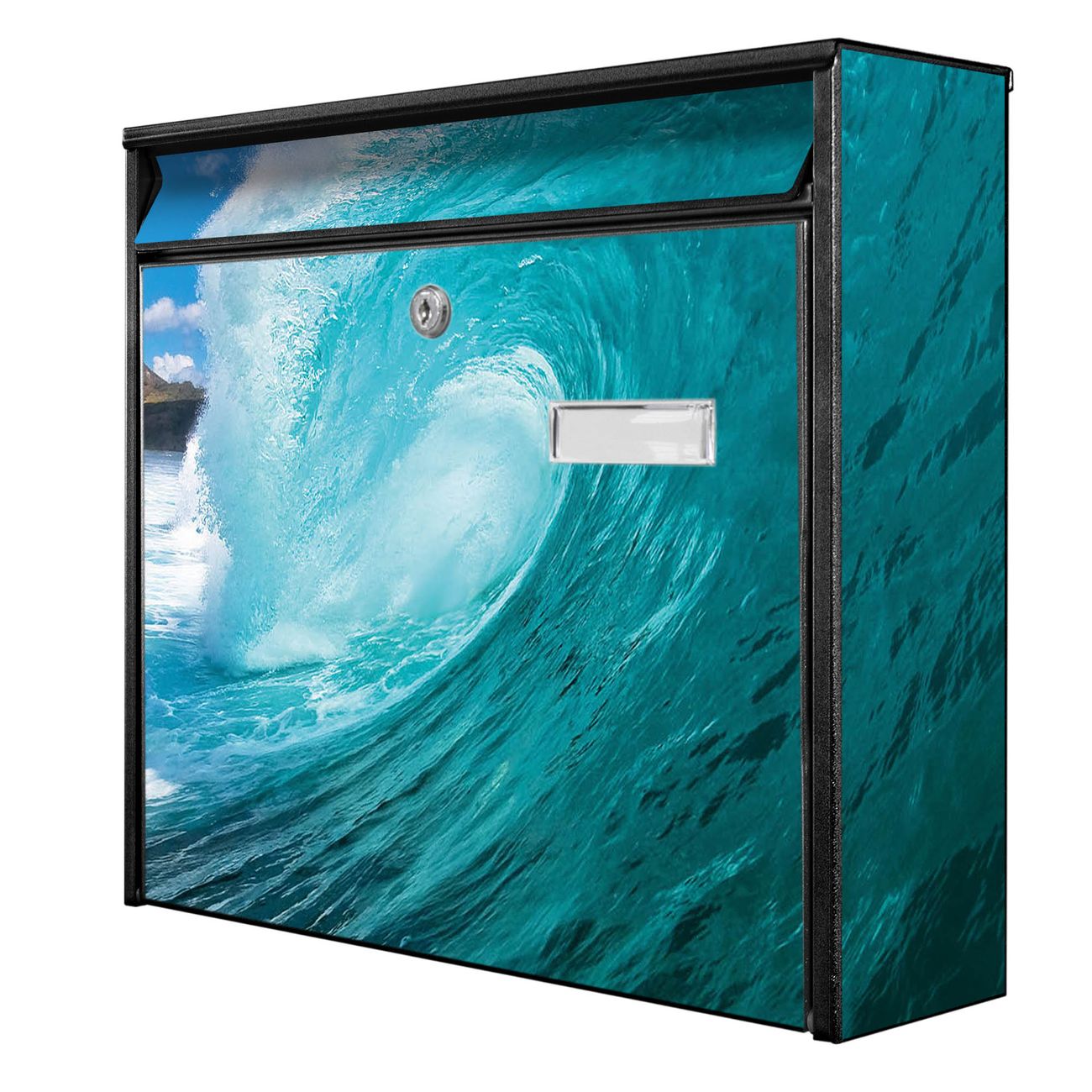 banjado Burg Wächter Briefkasten, Wandbriefkasten Modell Mail, schwarz verzinkt und lackiertes Stahlblech 36x32x10cm BxHxT, Motiv Welle Meer