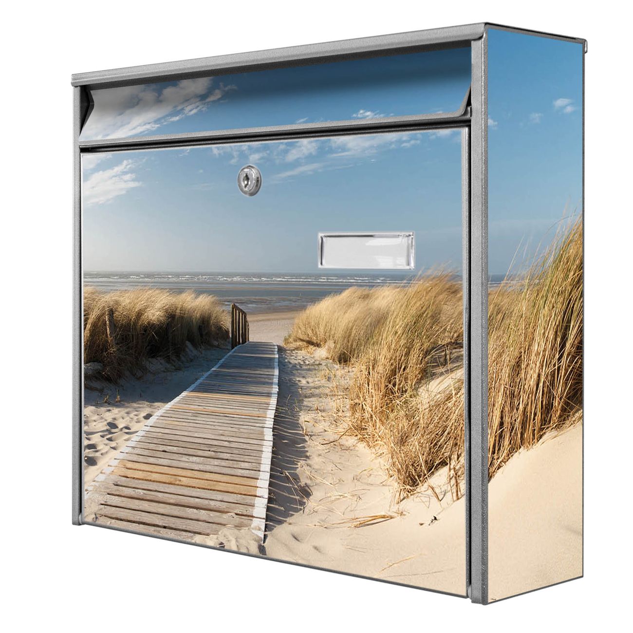 banjado Burg Wächter Briefkasten, Wandbriefkasten Modell Mail, silber verzinkt und lackiertes Stahlblech 36x32x10cm BxHxT, Motiv Dünen