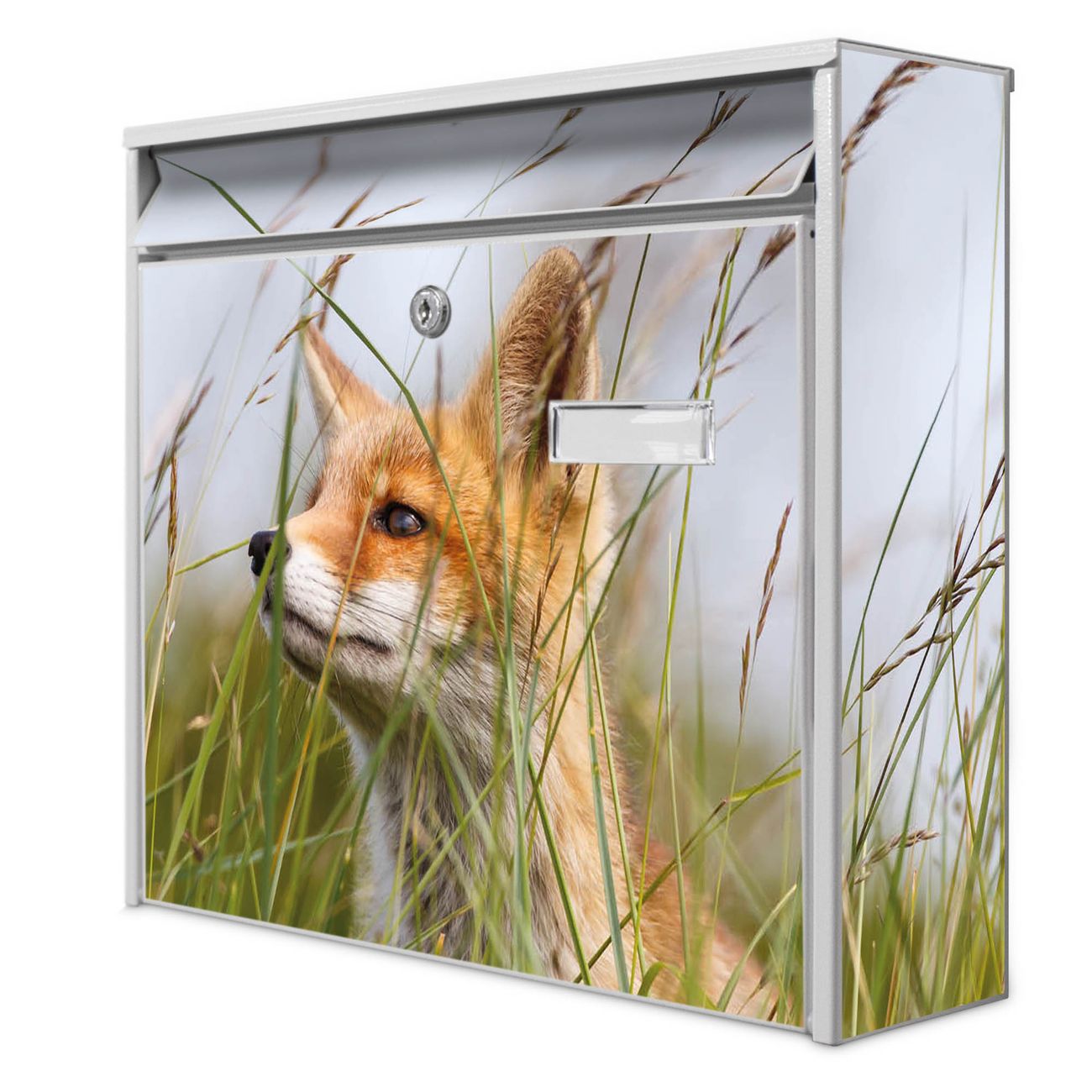 banjado Burg Wächter Briefkasten, Wandbriefkasten Modell Mail, weiß verzinkt und lackiertes Stahlblech 36x32x10cm BxHxT, Motiv Fuchs