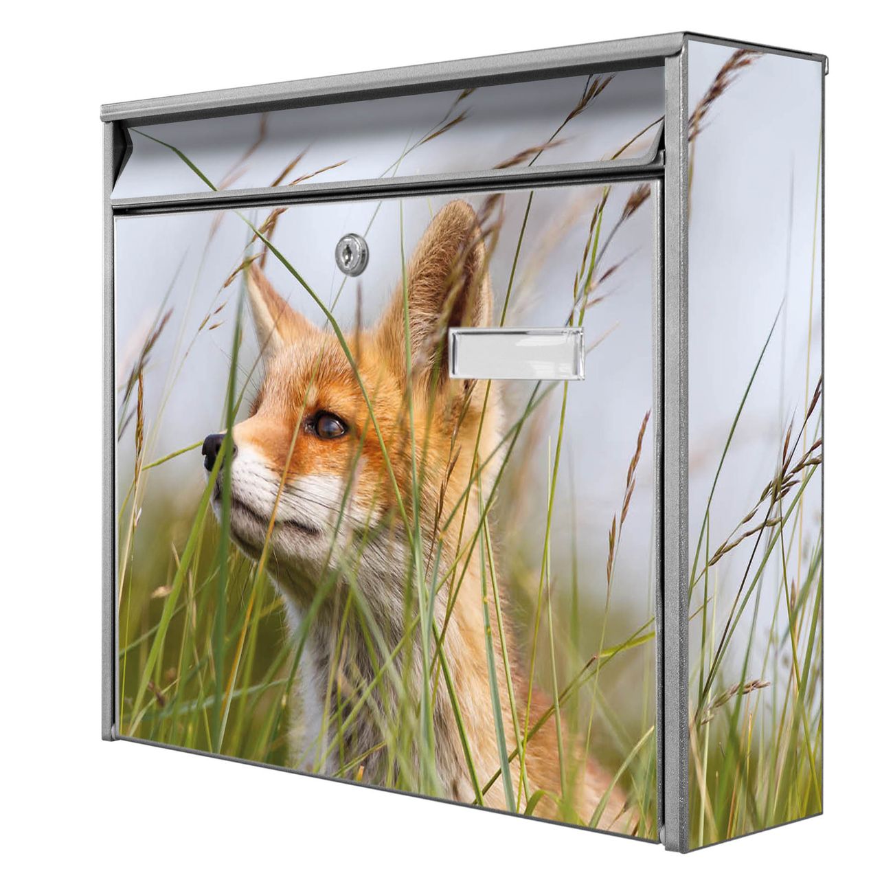 banjado Burg Wächter Briefkasten, Wandbriefkasten Modell Mail, silber verzinkt und lackiertes Stahlblech 36x32x10cm BxHxT, Motiv Fuchs