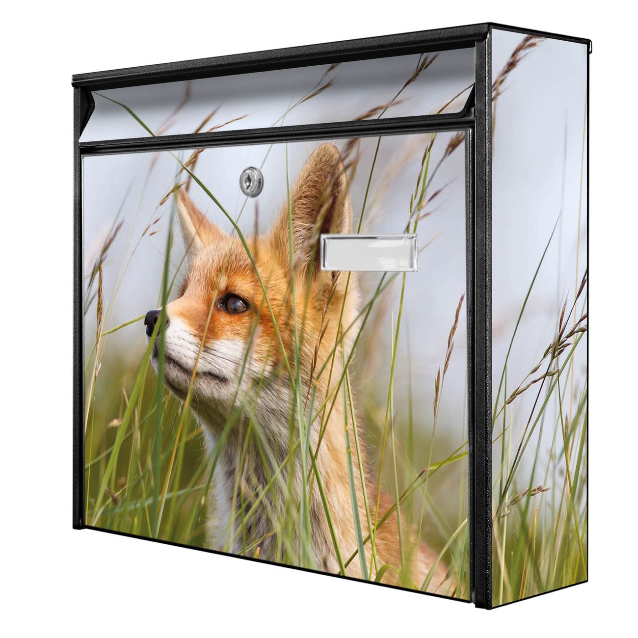 banjado Burg Wächter Briefkasten, Wandbriefkasten Modell Mail, schwarz verzinkt und lackiertes Stahlblech 36x32x10cm BxHxT, Motiv Fuchs