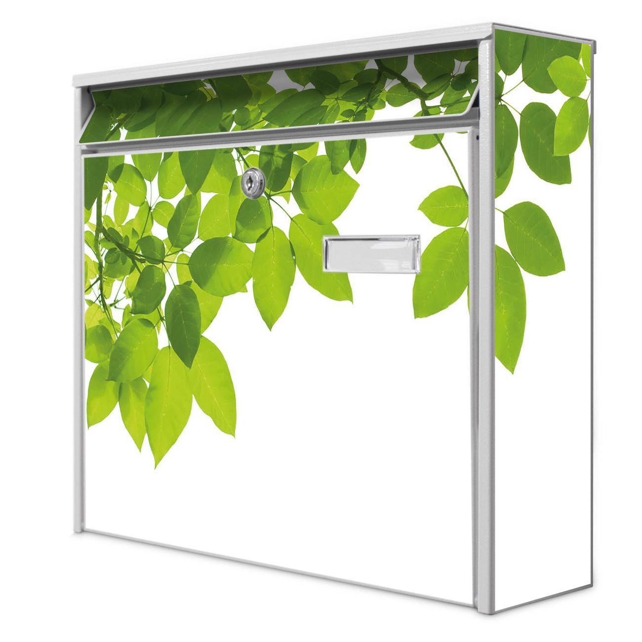 banjado Burg Wächter Briefkasten, Wandbriefkasten Modell Mail, weiß verzinkt und lackiertes Stahlblech 36x32x10cm BxHxT, Motiv Blätter grün