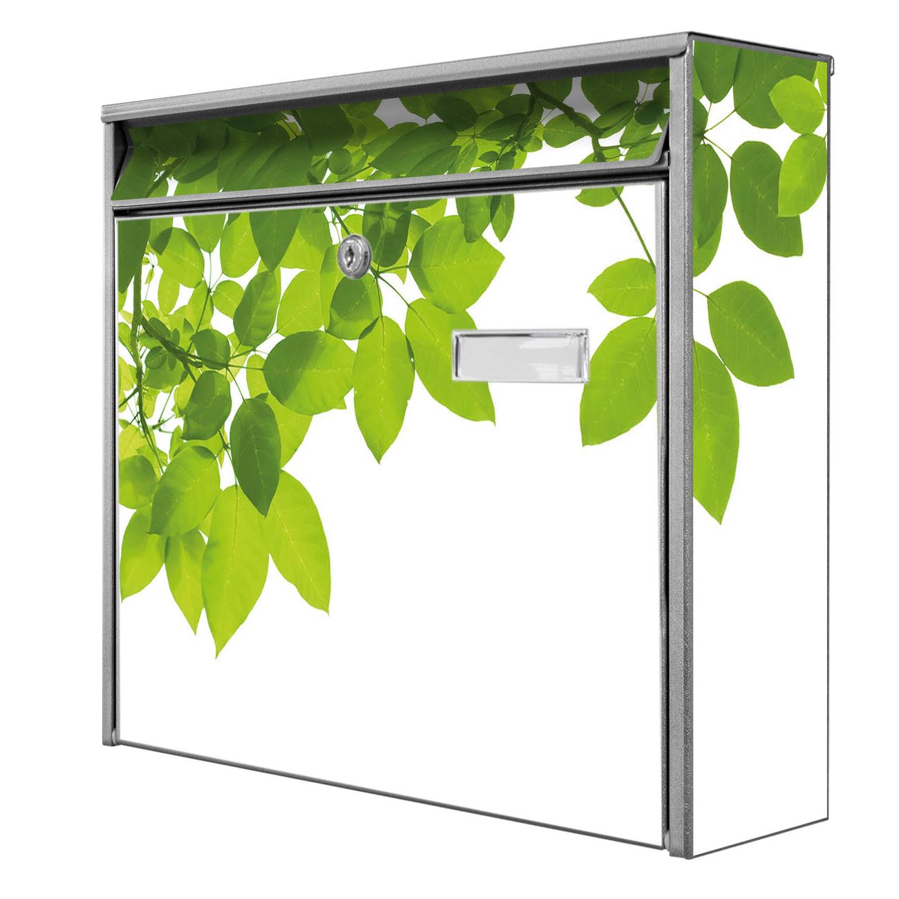 banjado Burg Wächter Briefkasten, Wandbriefkasten Modell Mail, silber verzinkt und lackiertes Stahlblech 36x32x10cm BxHxT, Motiv Blätter grün