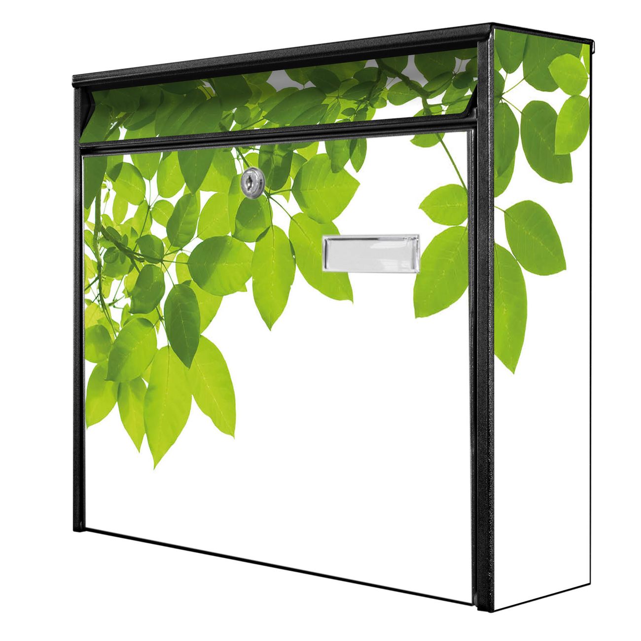 banjado Burg Wächter Briefkasten, Wandbriefkasten Modell Mail, schwarz verzinkt und lackiertes Stahlblech 36x32x10cm BxHxT, Motiv Blätter grün