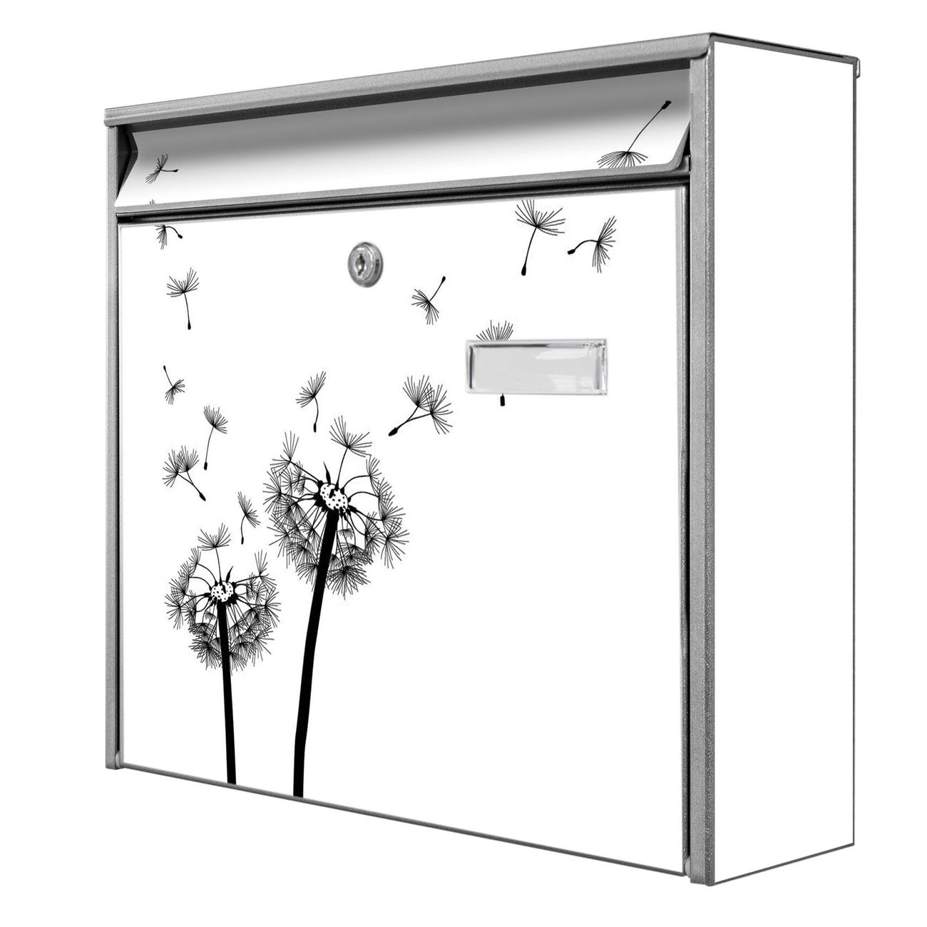 banjado Burg Wächter Briefkasten, Wandbriefkasten Modell Mail, silber verzinkt und lackiertes Stahlblech 36x32x10cm BxHxT, Motiv Pusteblume 2