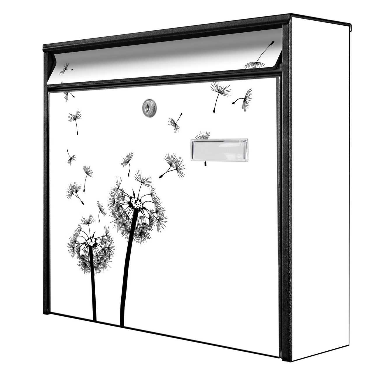 banjado Burg Wächter Briefkasten, Wandbriefkasten Modell Mail, schwarz verzinkt und lackiertes Stahlblech 36x32x10cm BxHxT, Motiv Pusteblume 2