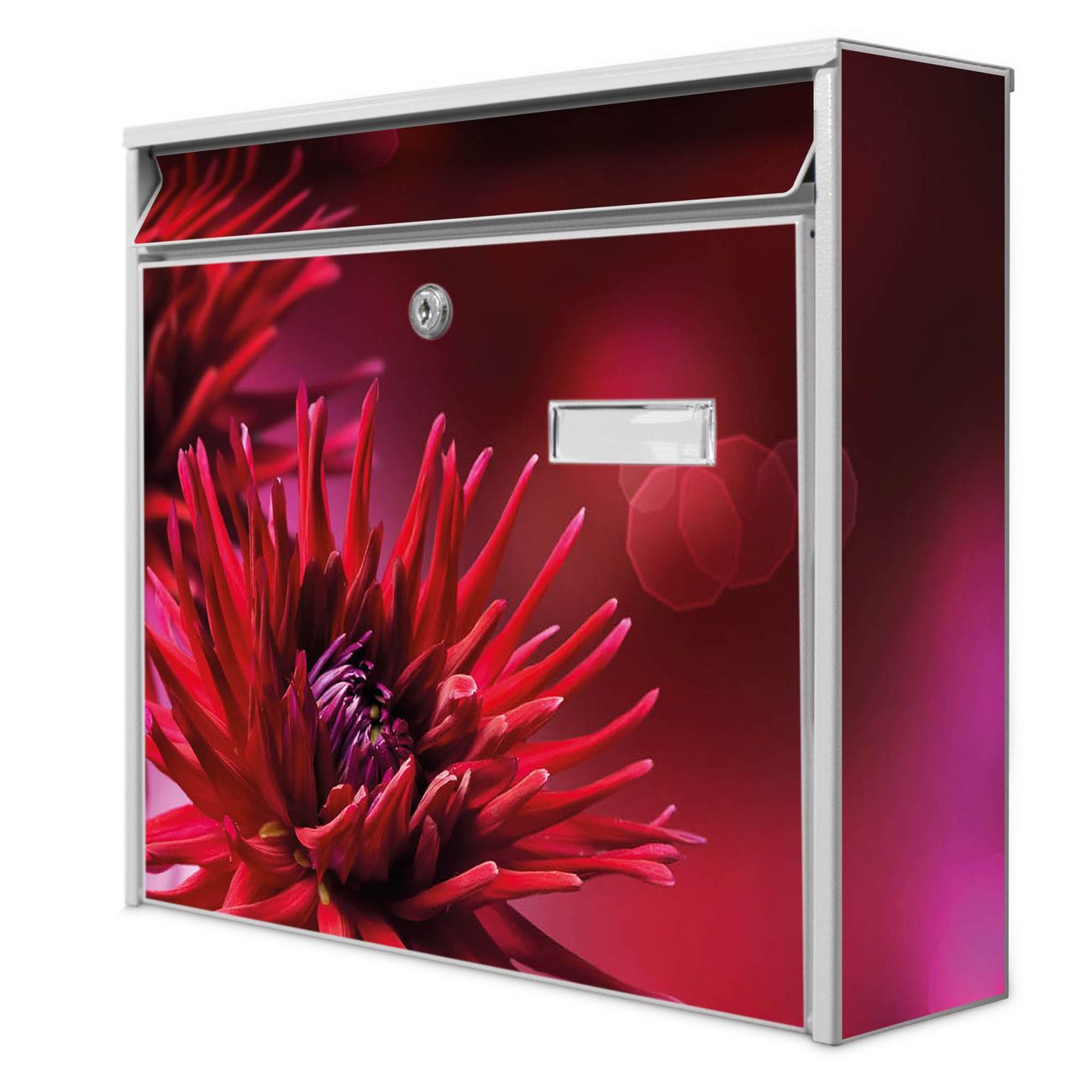 banjado Burg Wächter Briefkasten, Wandbriefkasten Modell Mail, weiß verzinkt und lackiertes Stahlblech 36x32x10cm BxHxT, Motiv Rote Dahlien