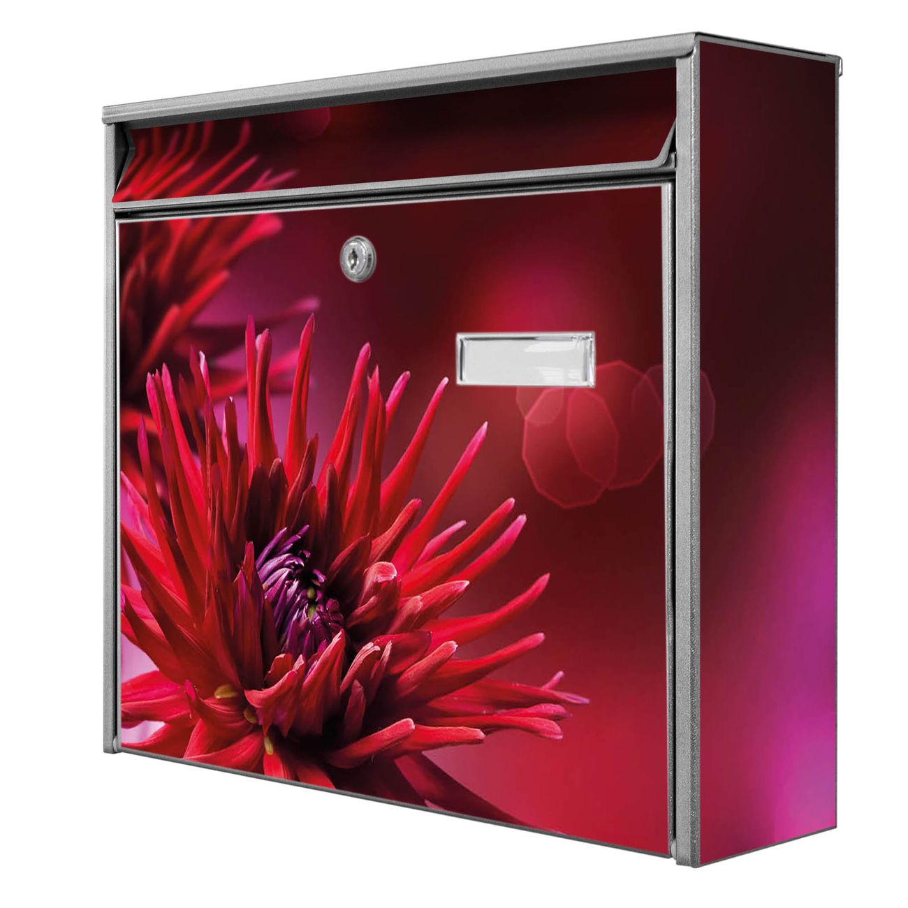 banjado Burg Wächter Briefkasten, Wandbriefkasten Modell Mail, silber verzinkt und lackiertes Stahlblech 36x32x10cm BxHxT, Motiv Rote Dahlien