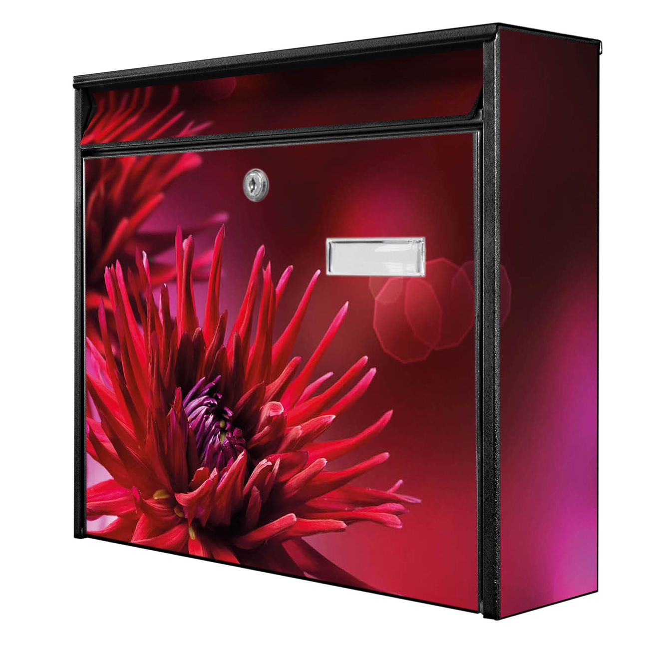 banjado Burg Wächter Briefkasten, Wandbriefkasten Modell Mail, schwarz verzinkt und lackiertes Stahlblech 36x32x10cm BxHxT, Motiv Rote Dahlien