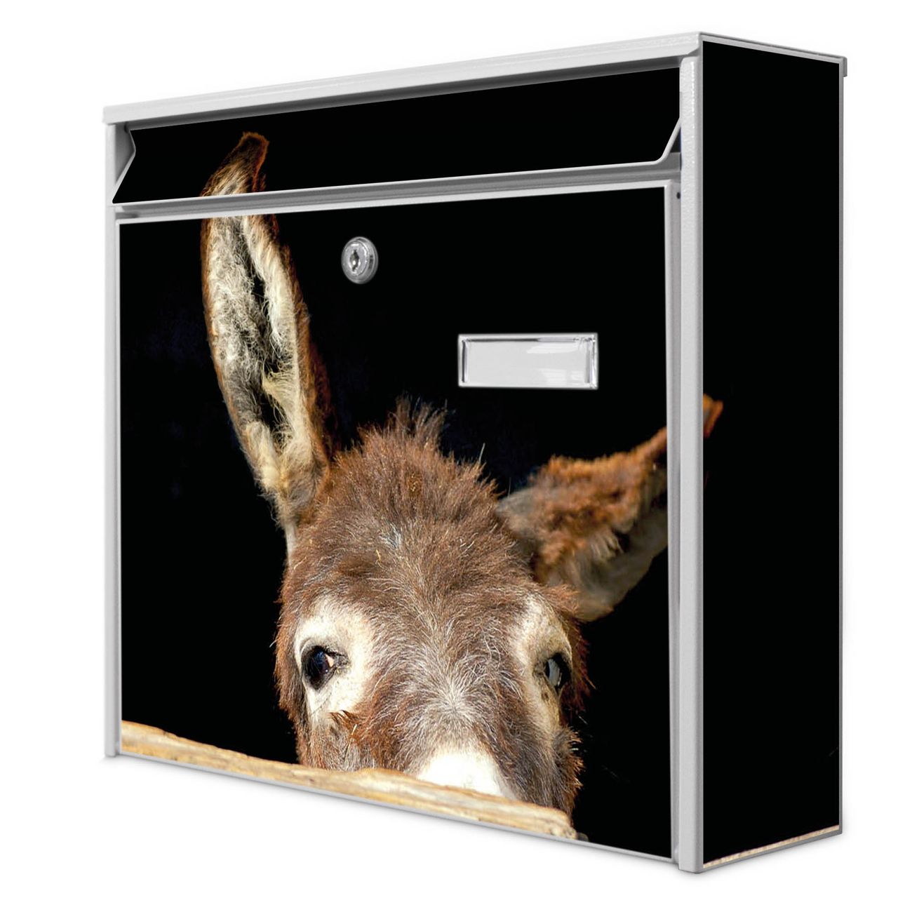 banjado Burg Wächter Briefkasten, Wandbriefkasten Modell Mail, weiß verzinkt und lackiertes Stahlblech 36x32x10cm BxHxT, Motiv Esel