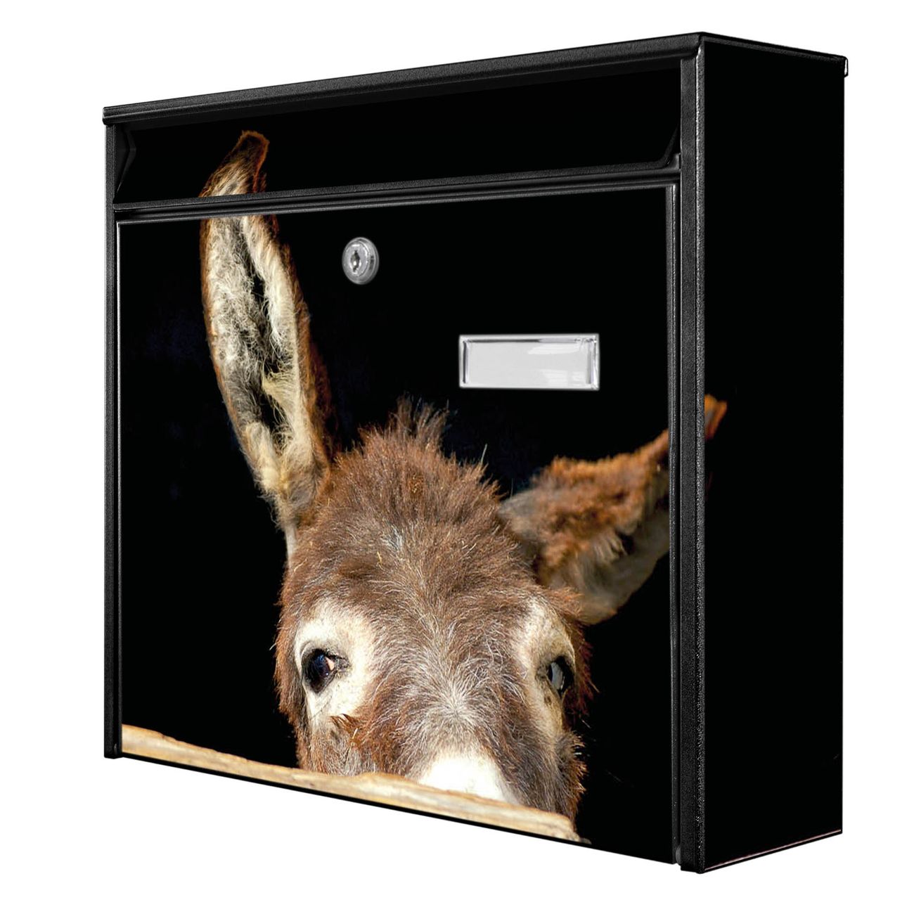 banjado Burg Wächter Briefkasten, Wandbriefkasten Modell Mail, schwarz verzinkt und lackiertes Stahlblech 36x32x10cm BxHxT, Motiv Esel