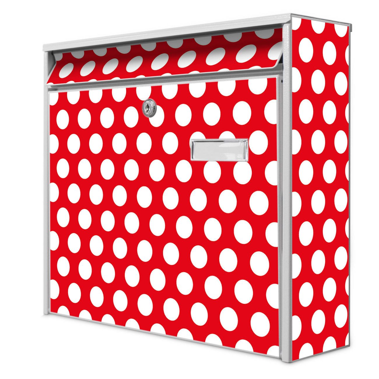 banjado Burg Wächter Briefkasten, Wandbriefkasten Modell Mail, weiß verzinkt und lackiertes Stahlblech 36x32x10cm BxHxT, Motiv Punkte Rot