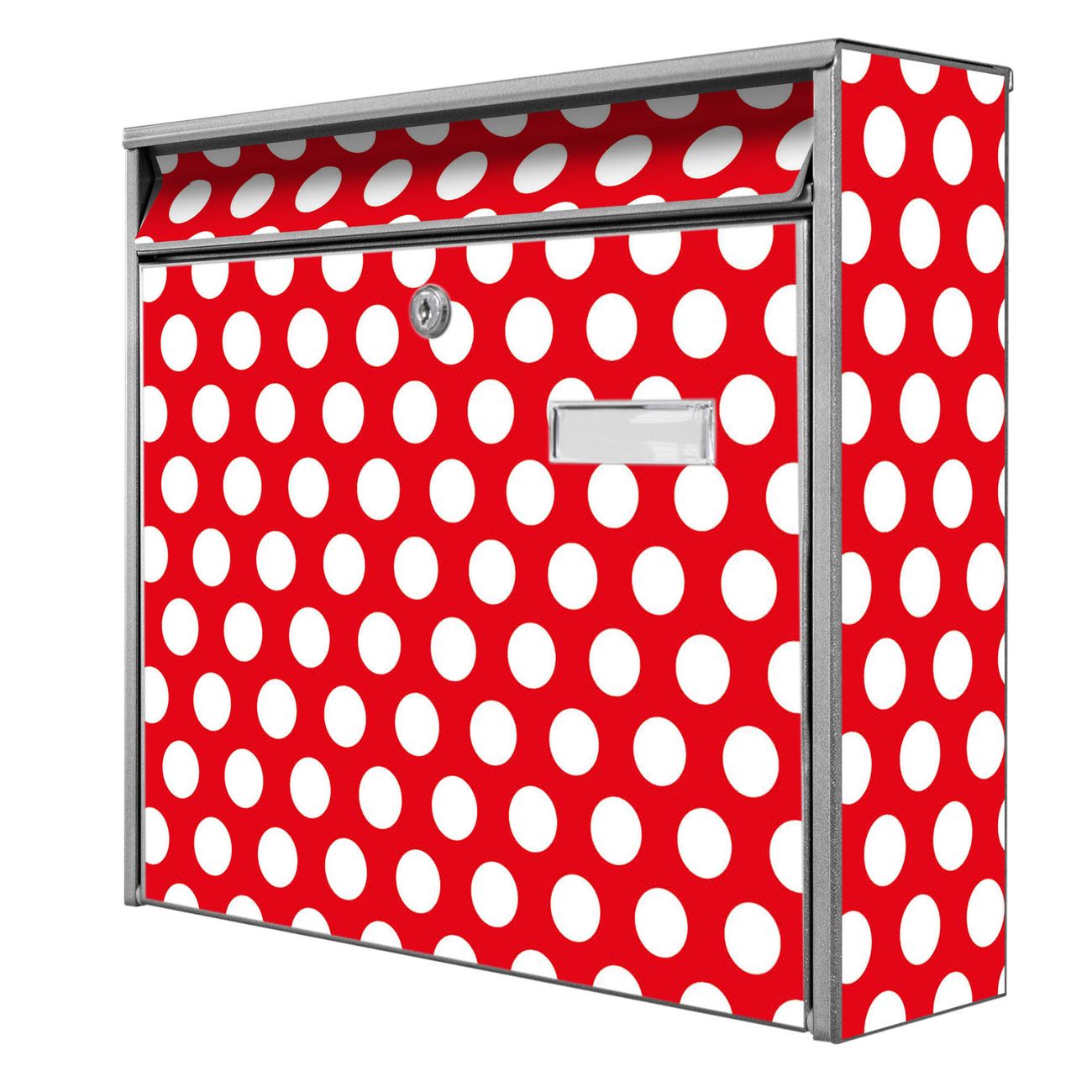 banjado Burg Wächter Briefkasten, Wandbriefkasten Modell Mail, silber verzinkt und lackiertes Stahlblech 36x32x10cm BxHxT, Motiv Punkte Rot