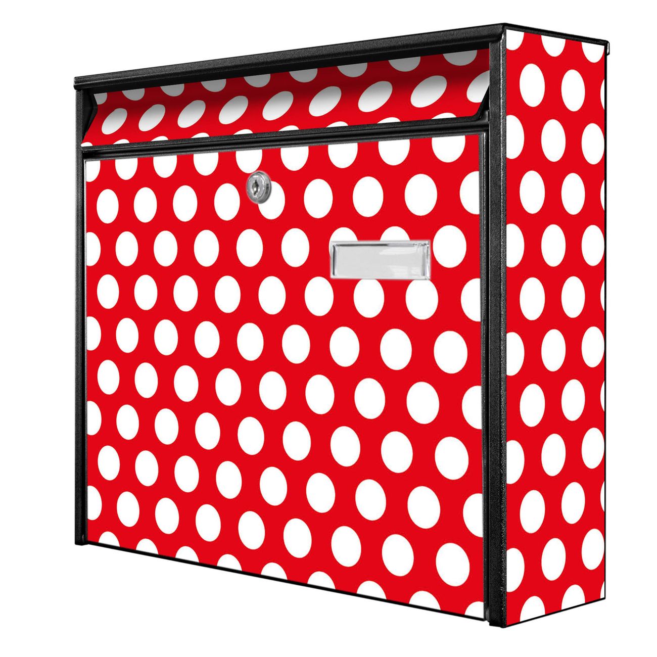 banjado Burg Wächter Briefkasten, Wandbriefkasten Modell Mail, schwarz verzinkt und lackiertes Stahlblech 36x32x10cm BxHxT, Motiv Punkte Rot