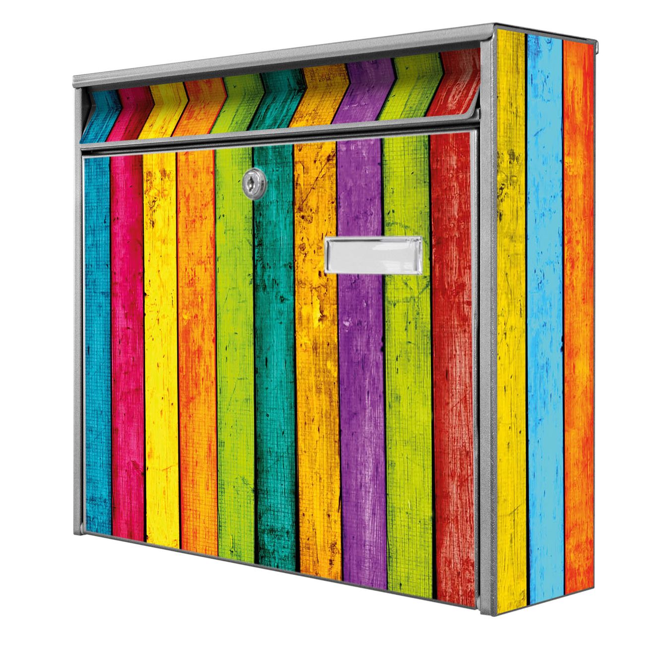 banjado Burg Wächter Briefkasten, Wandbriefkasten Modell Mail, silber verzinkt und lackiertes Stahlblech 36x32x10cm BxHxT, Motiv Holz bunt