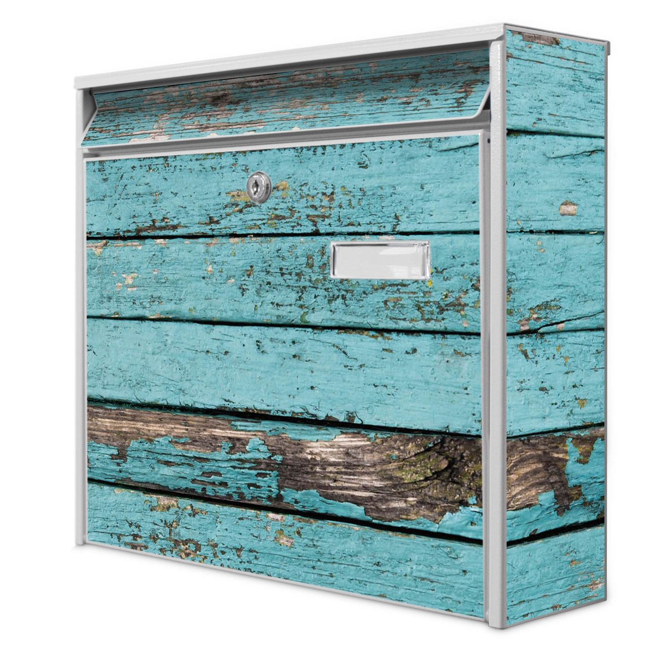 banjado Burg Wächter Briefkasten, Wandbriefkasten Modell Mail, weiß verzinkt und lackiertes Stahlblech 36x32x10cm BxHxT, Motiv Holz Blau