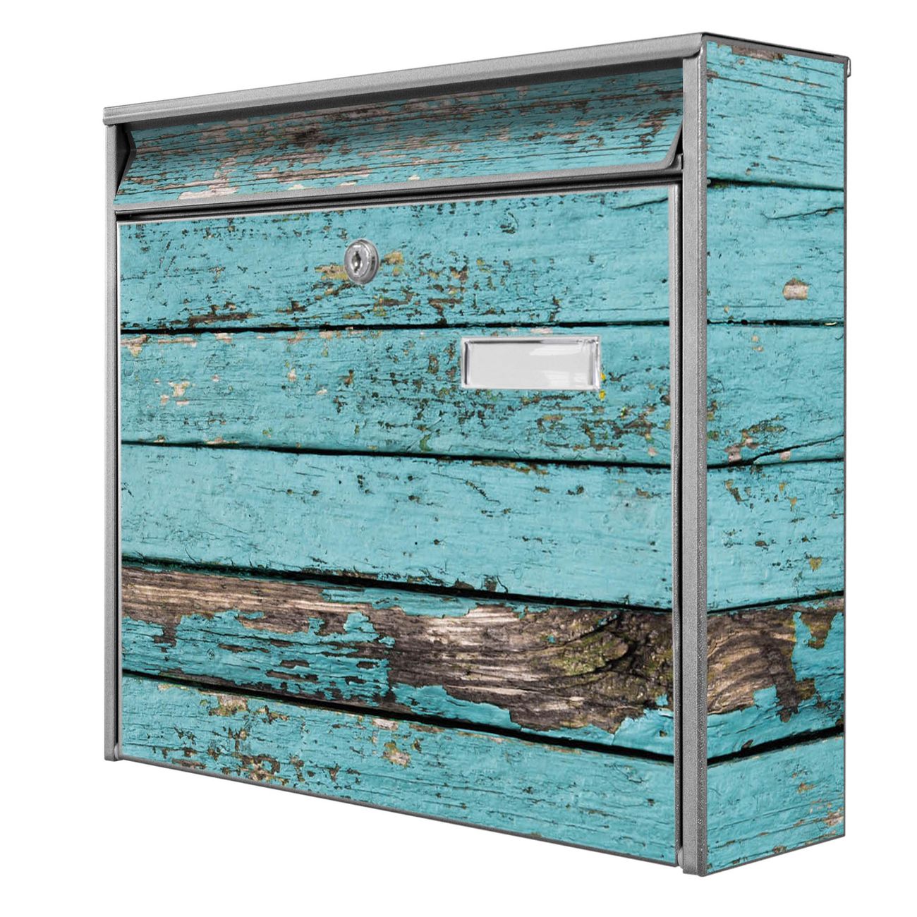 banjado Burg Wächter Briefkasten, Wandbriefkasten Modell Mail, silber verzinkt und lackiertes Stahlblech 36x32x10cm BxHxT, Motiv Holz Blau