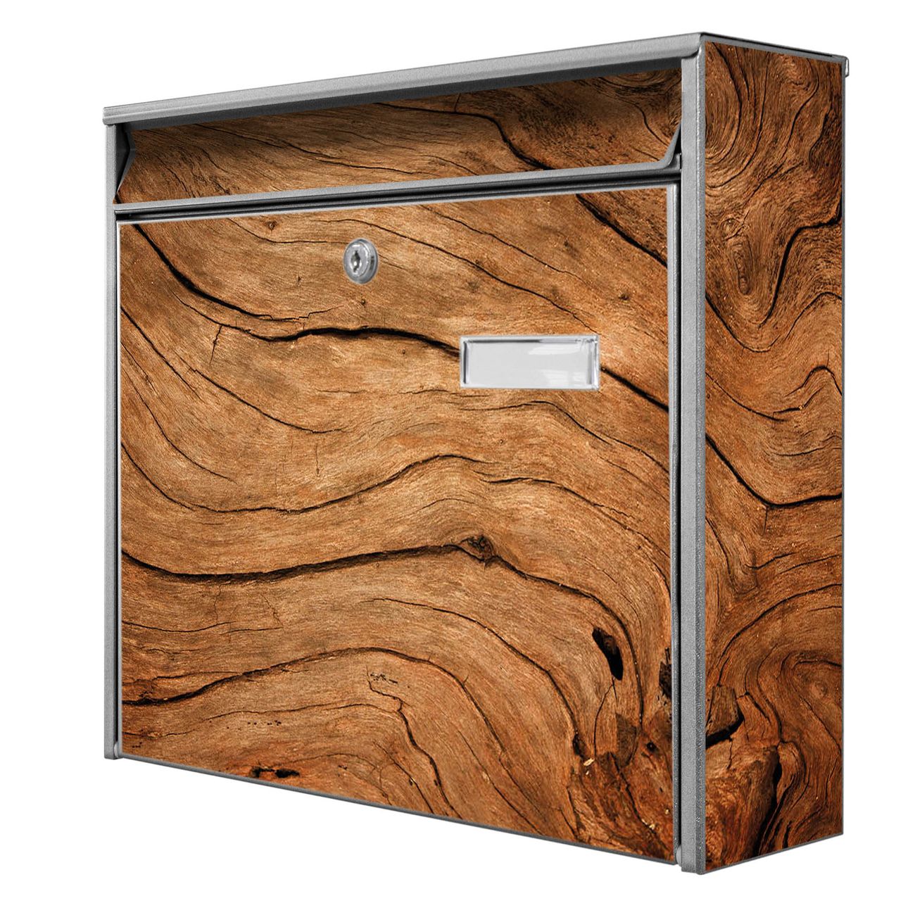 banjado Burg Wächter Briefkasten, Wandbriefkasten Modell Mail, silber verzinkt und lackiertes Stahlblech 36x32x10cm BxHxT, Motiv Holzmaserung