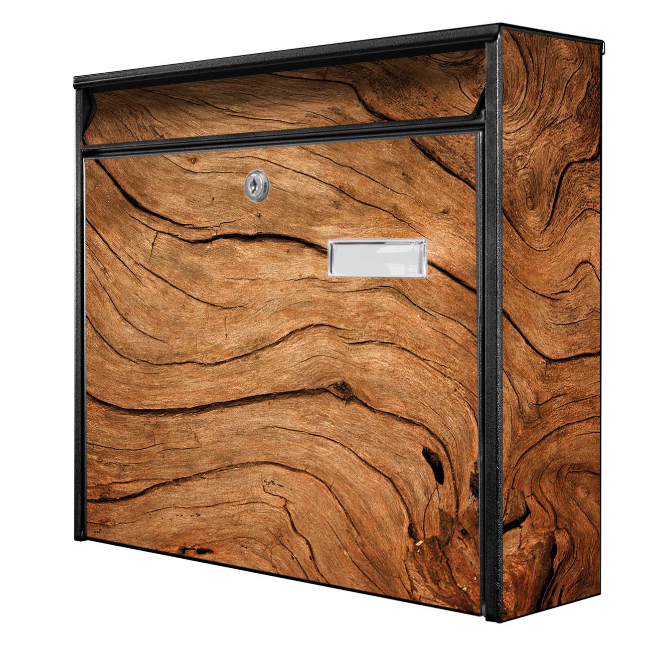 banjado Burg Wächter Briefkasten, Wandbriefkasten Modell Mail, schwarz verzinkt und lackiertes Stahlblech 36x32x10cm BxHxT, Motiv Holzmaserung