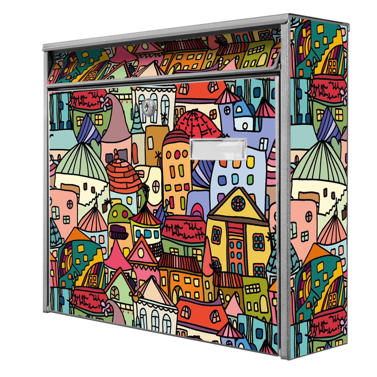 Burg-Wächter Wandbriefkasten silber-grau mit Namensschild Motiv Funky Town