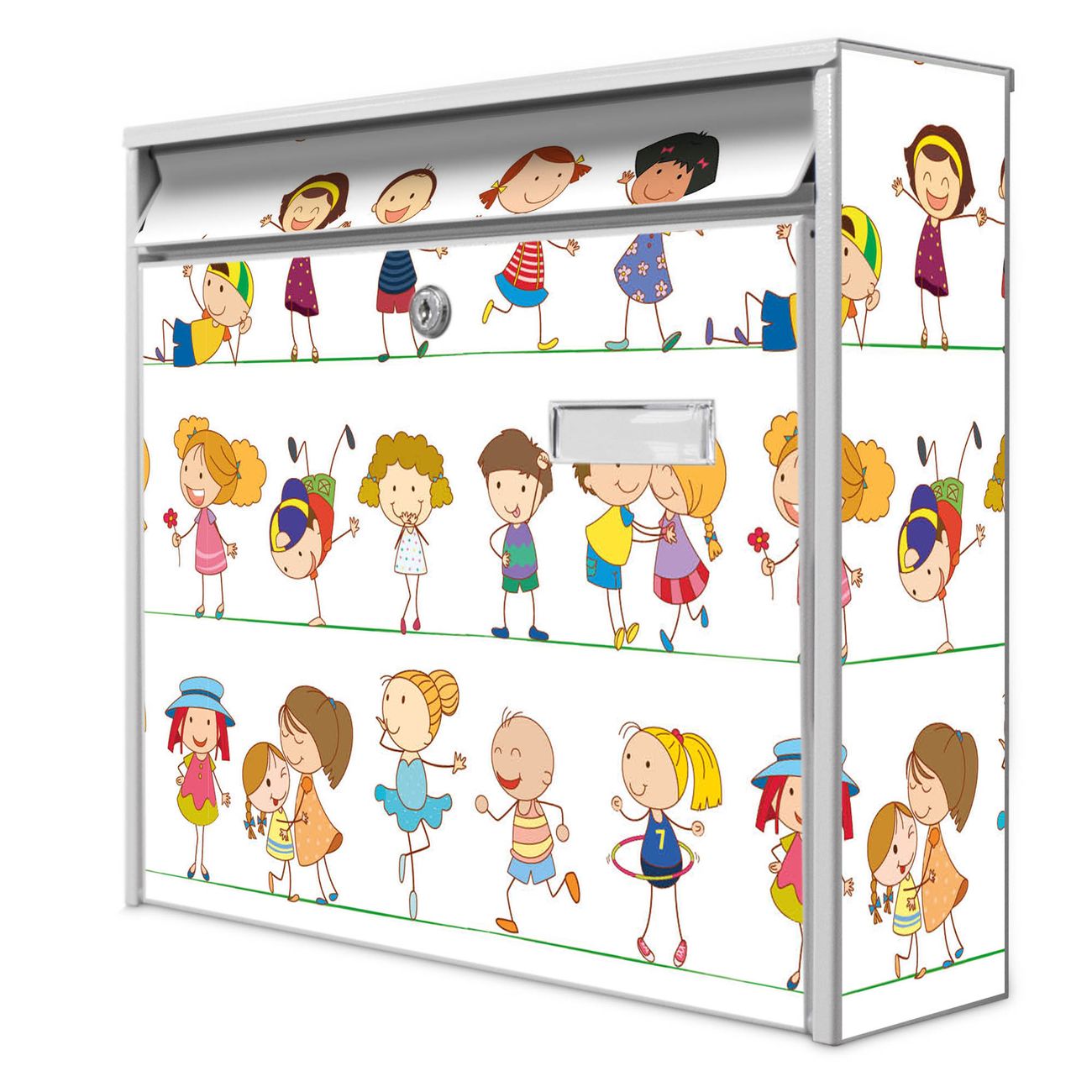 banjado Burg Wächter Briefkasten, Wandbriefkasten Modell Mail, weiß verzinkt und lackiertes Stahlblech 36x32x10cm BxHxT, Motiv Kinder