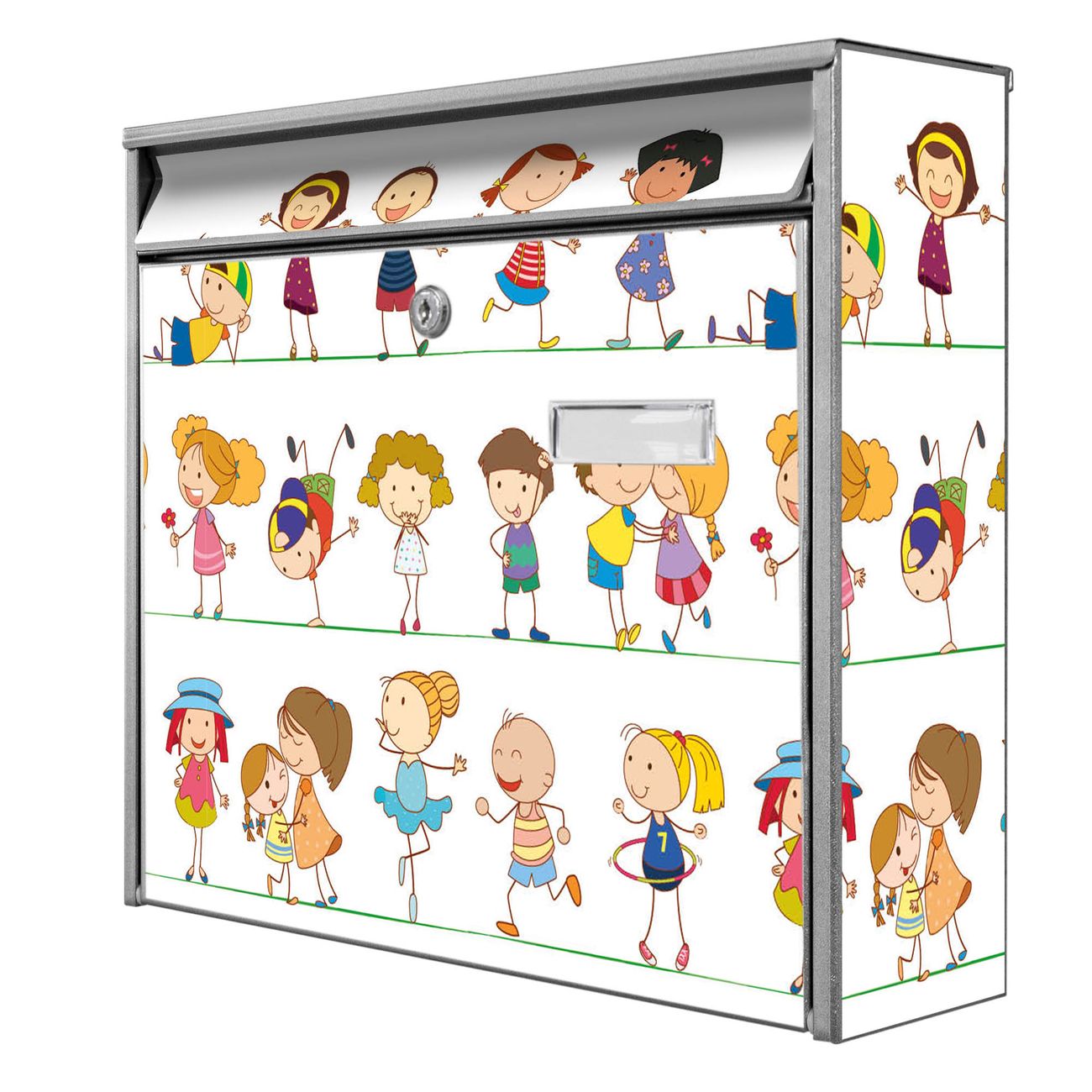 banjado Burg Wächter Briefkasten, Wandbriefkasten Modell Mail, silber verzinkt und lackiertes Stahlblech 36x32x10cm BxHxT, Motiv Kinder