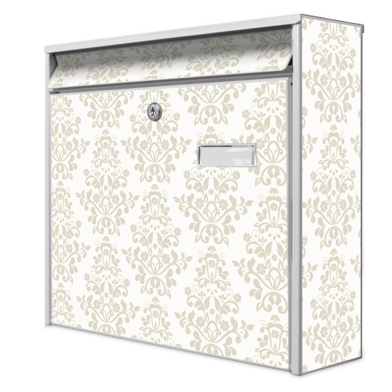 banjado Burg Wächter Briefkasten, Wandbriefkasten Modell Mail, weiß verzinkt und lackiertes Stahlblech 36x32x10cm BxHxT, Motiv Tapete Weiß