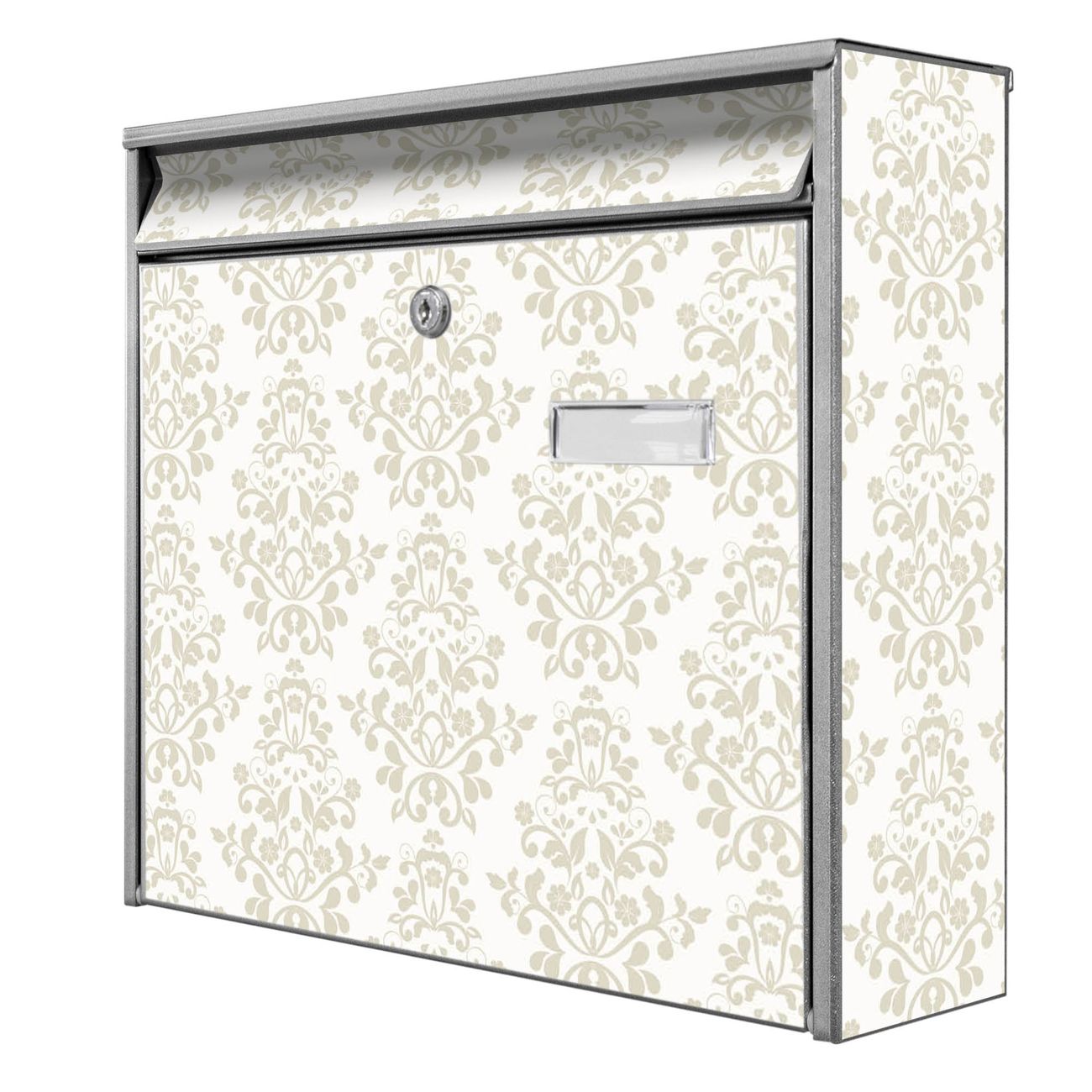 banjado Burg Wächter Briefkasten, Wandbriefkasten Modell Mail, silber verzinkt und lackiertes Stahlblech 36x32x10cm BxHxT, Motiv Tapete Weiß