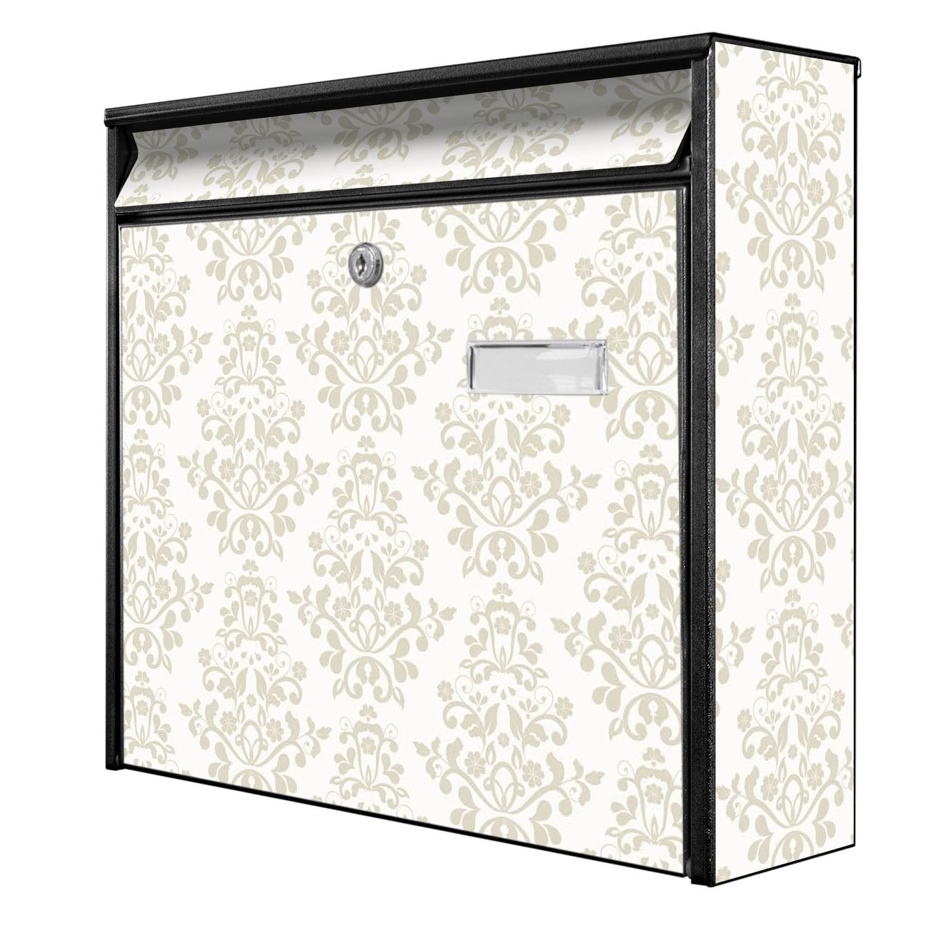 banjado Burg Wächter Briefkasten, Wandbriefkasten Modell Mail, schwarz verzinkt und lackiertes Stahlblech 36x32x10cm BxHxT, Motiv Tapete Weiß