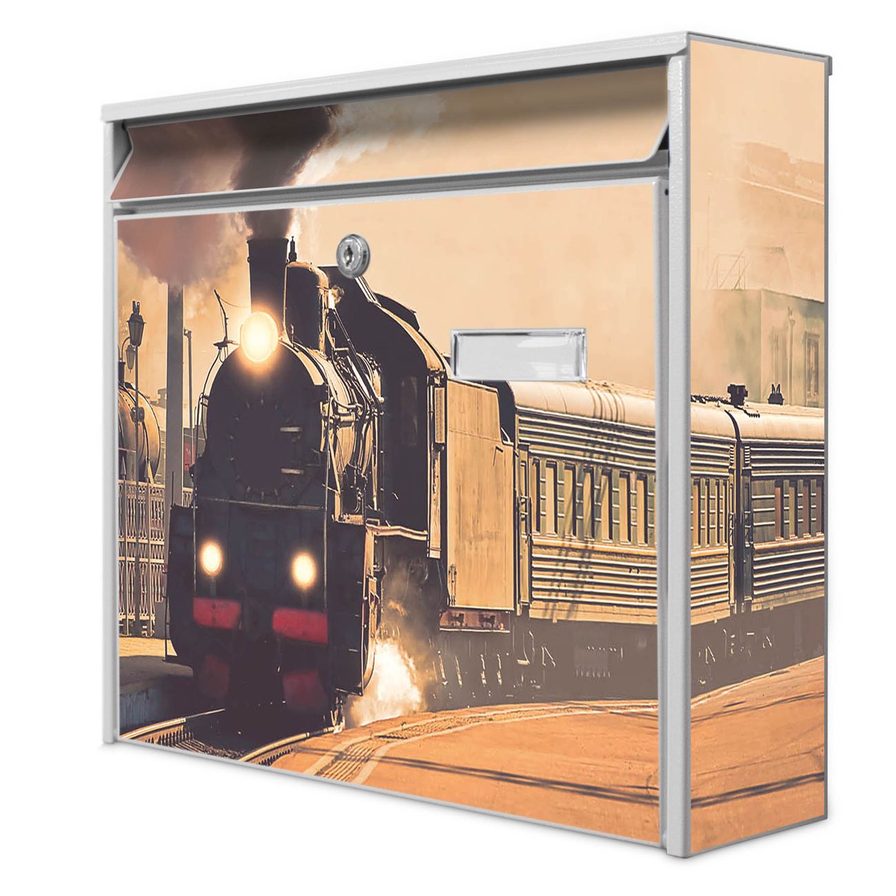 banjado Burg Wächter Briefkasten, Wandbriefkasten Modell Mail, weiß verzinkt und lackiertes Stahlblech 36x32x10cm BxHxT, Motiv Dampflok