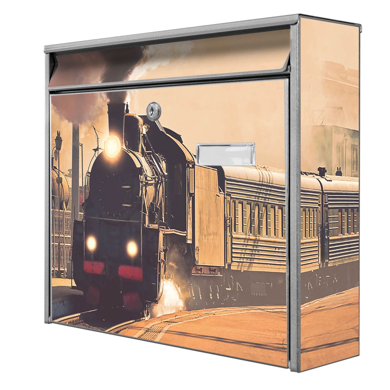 banjado Burg Wächter Briefkasten, Wandbriefkasten Modell Mail, silber verzinkt und lackiertes Stahlblech 36x32x10cm BxHxT, Motiv Dampflok