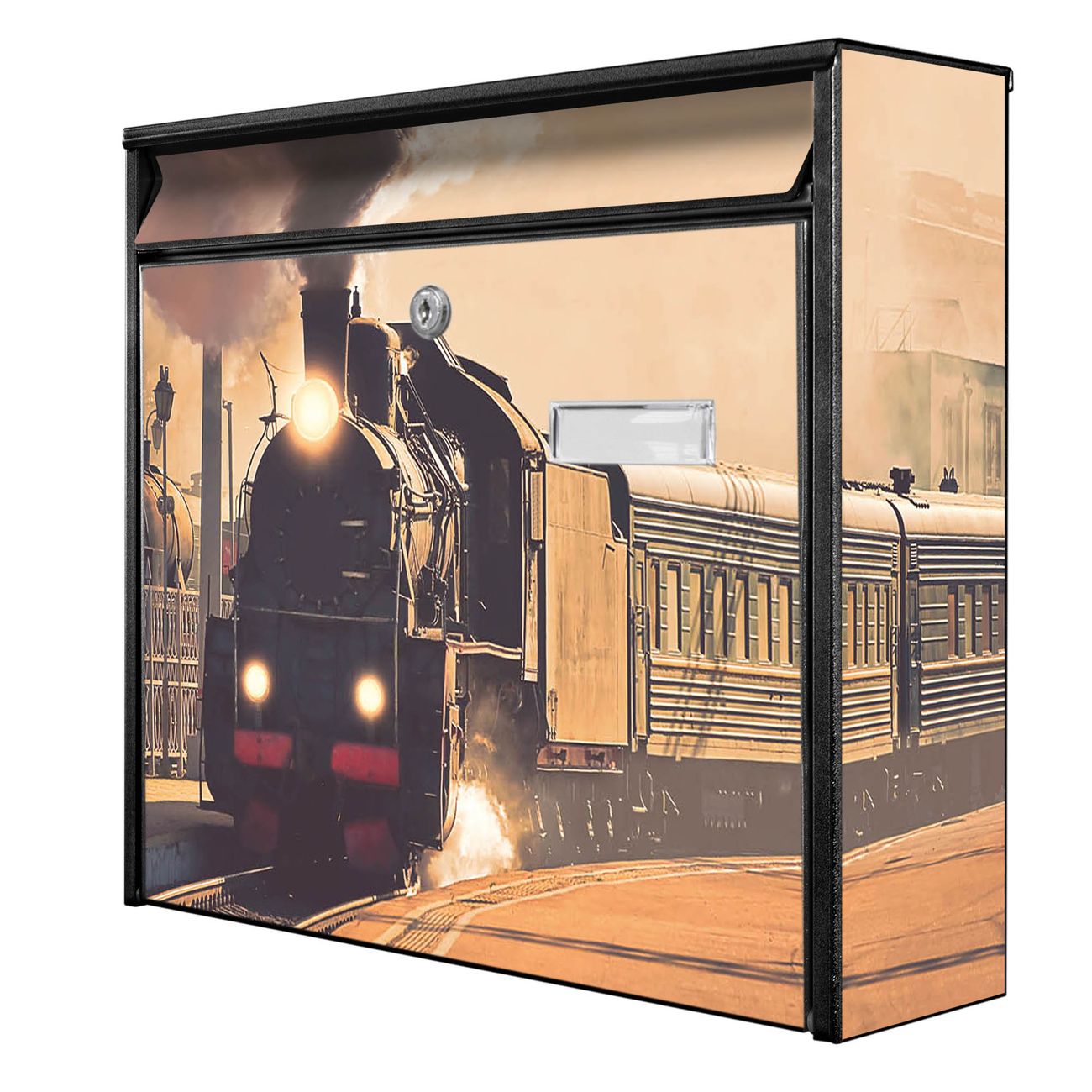 banjado Burg Wächter Briefkasten, Wandbriefkasten Modell Mail, schwarz verzinkt und lackiertes Stahlblech 36x32x10cm BxHxT, Motiv Dampflok 