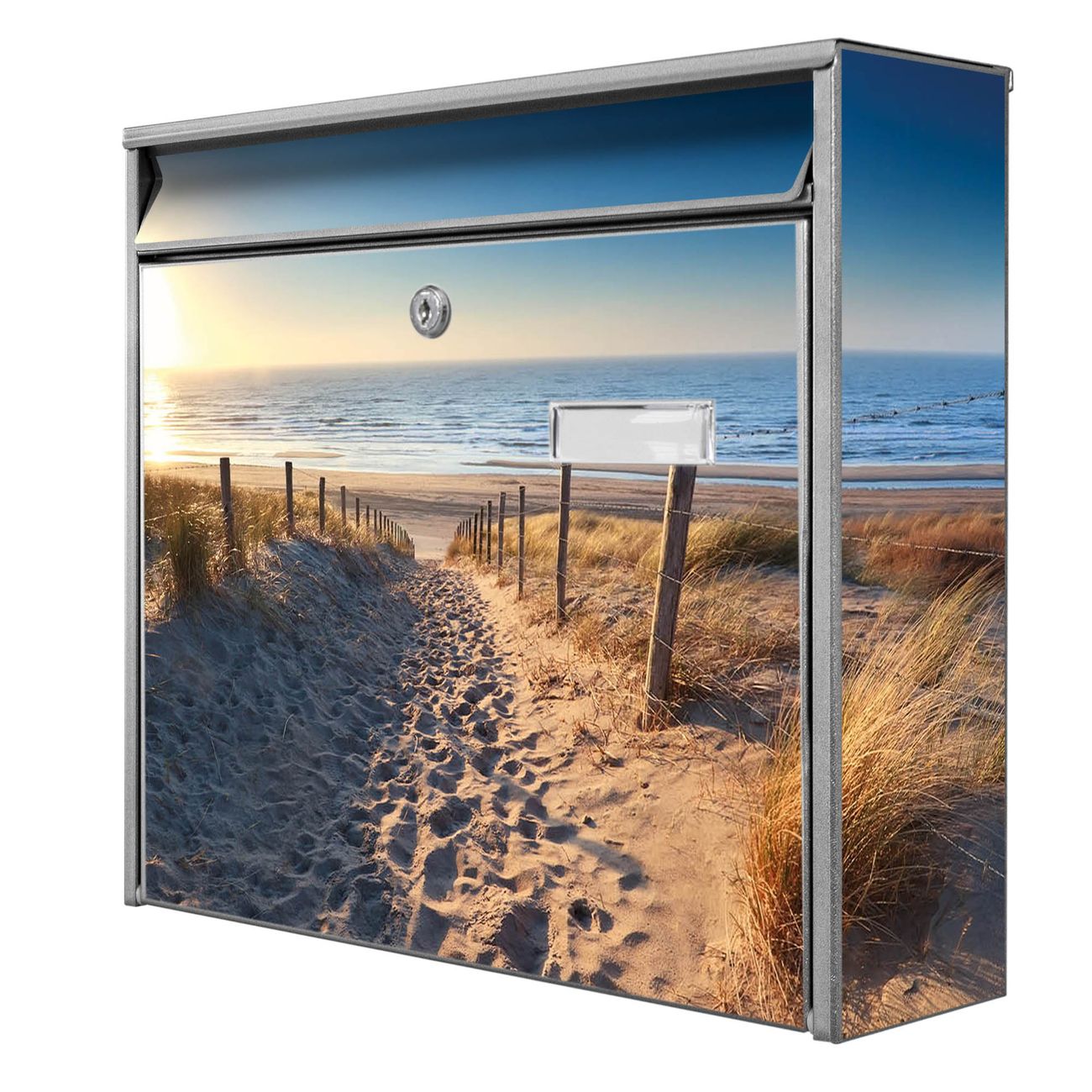 banjado Burg Wächter Briefkasten, Wandbriefkasten Modell Mail, silber verzinkt und lackiertes Stahlblech 36x32x10cm BxHxT, Motiv Nordseestrand