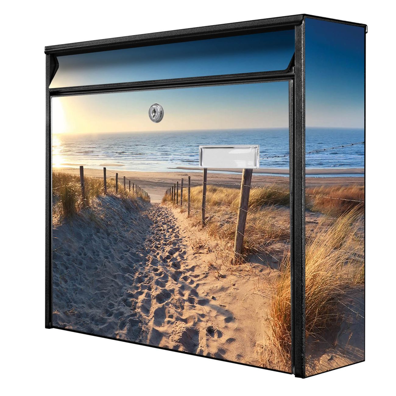 banjado Burg Wächter Briefkasten, Wandbriefkasten Modell Mail, schwarz verzinkt und lackiertes Stahlblech 36x32x10cm BxHxT, Motiv Nordseestrand