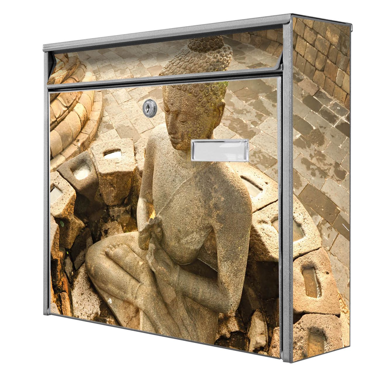 banjado Burg Wächter Briefkasten, Wandbriefkasten Modell Mail, silber verzinkt und lackiertes Stahlblech 36x32x10cm BxHxT, Motiv Buddha